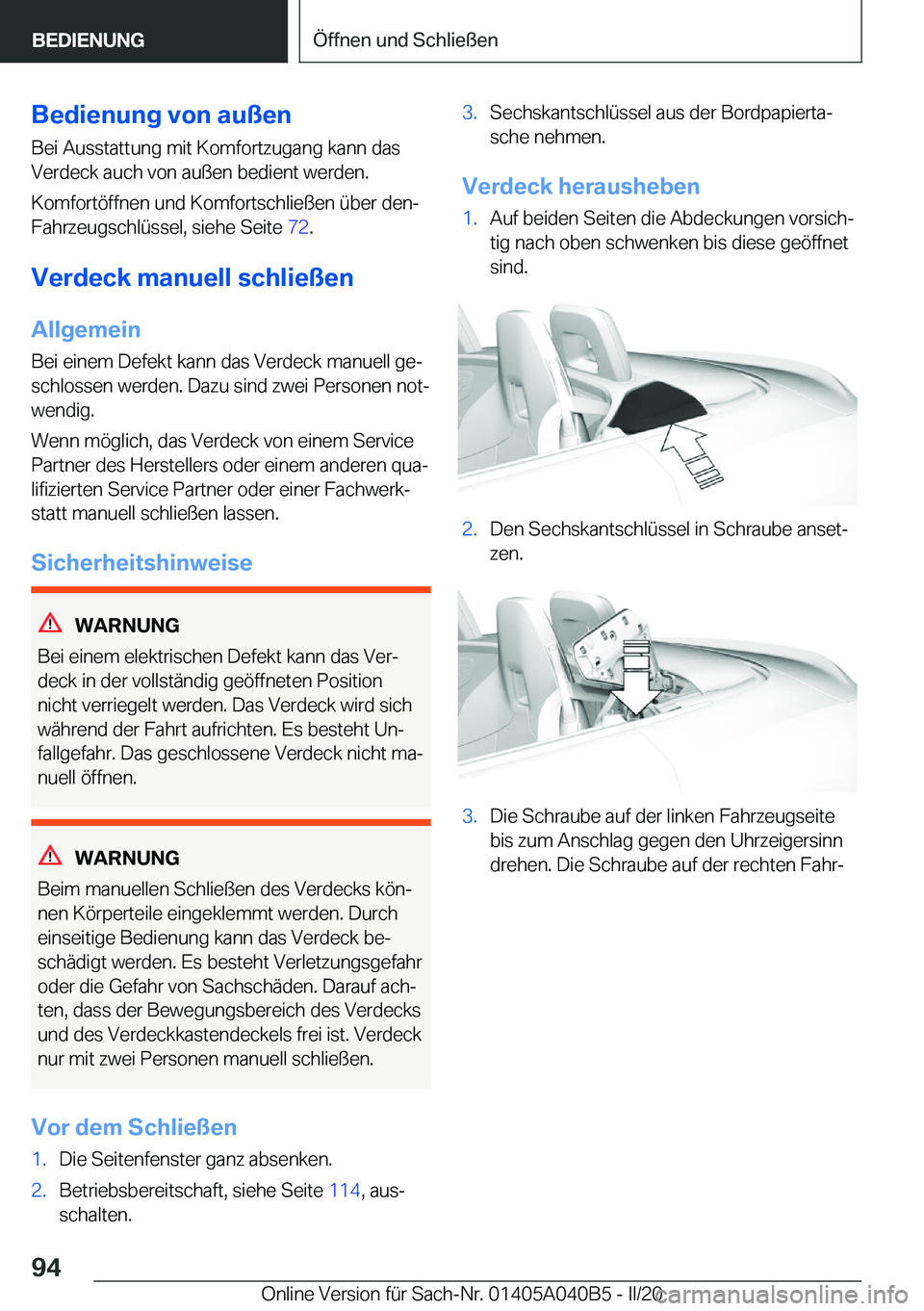BMW Z4 2020  Betriebsanleitungen (in German) �B�e�d�i�e�n�u�n�g��v�o�n��a�u�