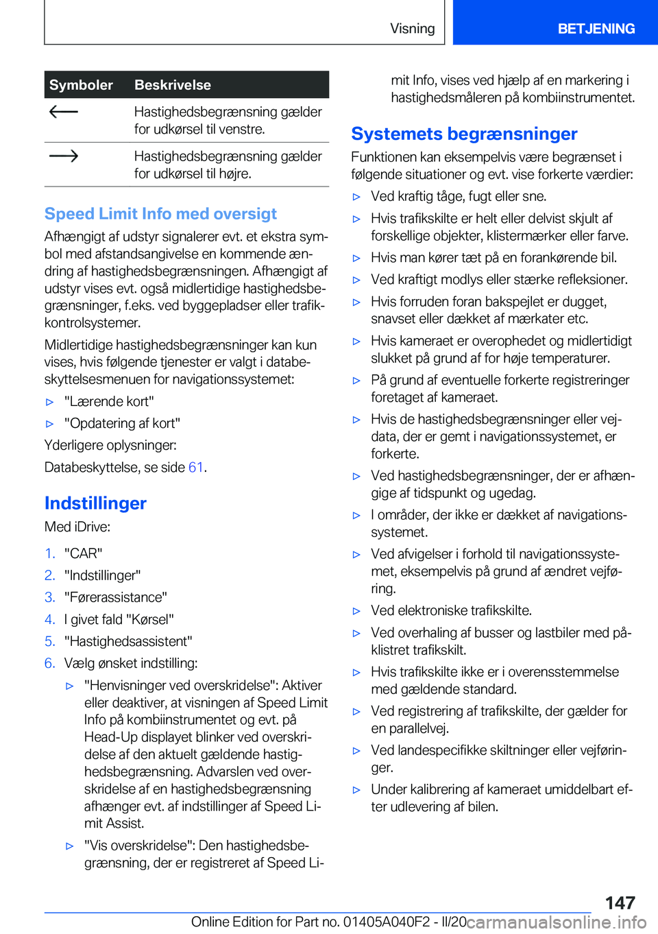 BMW Z4 2020  InstruktionsbØger (in Danish) �S�y�m�b�o�l�e�r�B�e�s�k�r�i�v�e�l�s�e��H�a�s�t�i�g�h�e�d�s�b�e�g�r�æ�n�s�n�i�n�g��g�æ�l�d�e�r
�f�o�r��u�d�k�