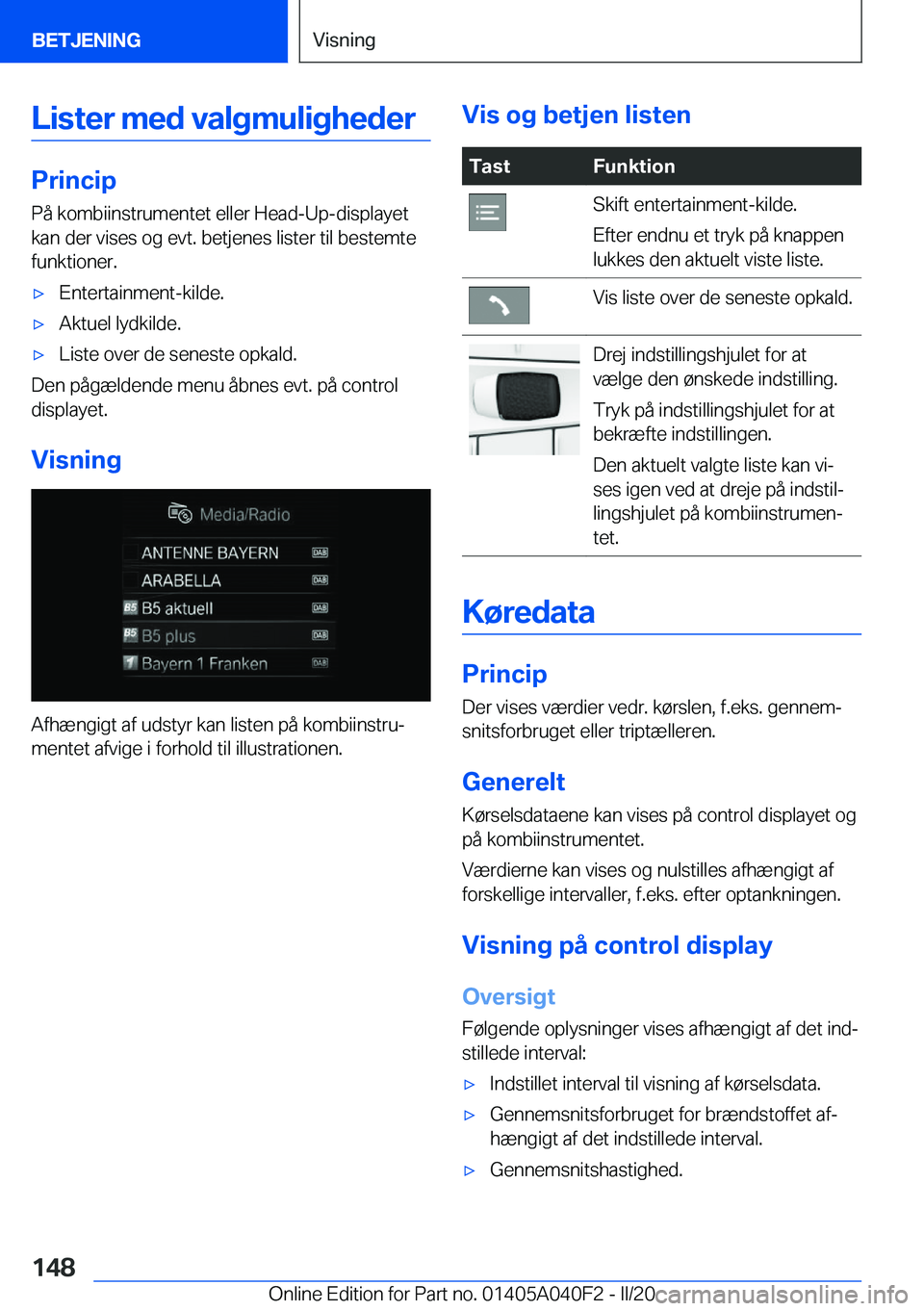 BMW Z4 2020  InstruktionsbØger (in Danish) �L�i�s�t�e�r��m�e�d��v�a�l�g�m�u�l�i�g�h�e�d�e�r
�P�r�i�n�c�i�p
�P�å��k�o�m�b�i�i�n�s�t�r�u�m�e�n�t�e�t��e�l�l�e�r��H�e�a�d�-�U�p�-�d�i�s�p�l�a�y�e�t
�k�a�n��d�e�r��v�i�s�e�s��o�g��e�v�t�.�