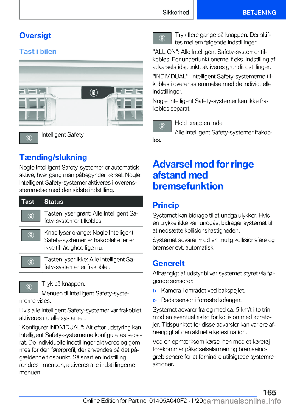 BMW Z4 2020  InstruktionsbØger (in Danish) �O�v�e�r�s�i�g�t
�T�a�s�t��i��b�i�l�e�n
�I�n�t�e�l�l�i�g�e�n�t��S�a�f�e�t�y
�T�æ�n�d�i�n�g�/�s�l�u�k�n�i�n�g �N�o�g�l�e��I�n�t�e�l�l�i�g�e�n�t��S�a�f�e�t�y�-�s�y�s�t�e�m�e�r��e�r��a�u�t�o�m�a�