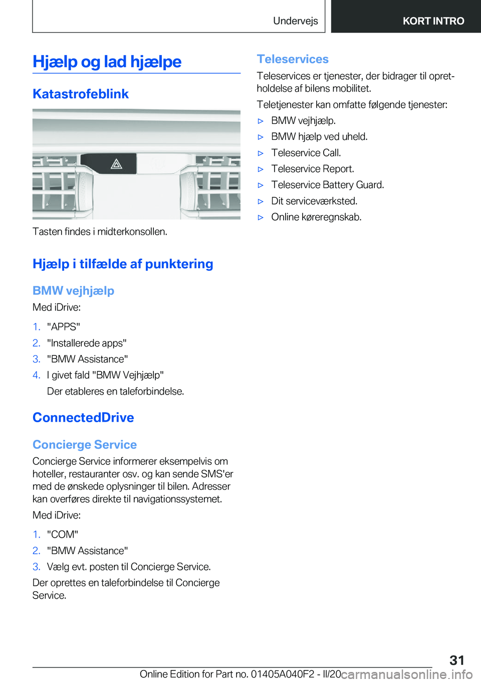 BMW Z4 2020  InstruktionsbØger (in Danish) �H�j�æ�l�p��o�g��l�a�d��h�j�æ�l�p�e
�K�a�t�a�s�t�r�o�f�e�b�l�i�n�k
�T�a�s�t�e�n��f�i�n�d�e�s��i��m�i�d�t�e�r�k�o�n�s�o�l�l�e�n�.�H�j�æ�l�p��i��t�i�l�f�æ�l�d�e��a�f��p�u�n�k�t�e�r�i�n�g�B
