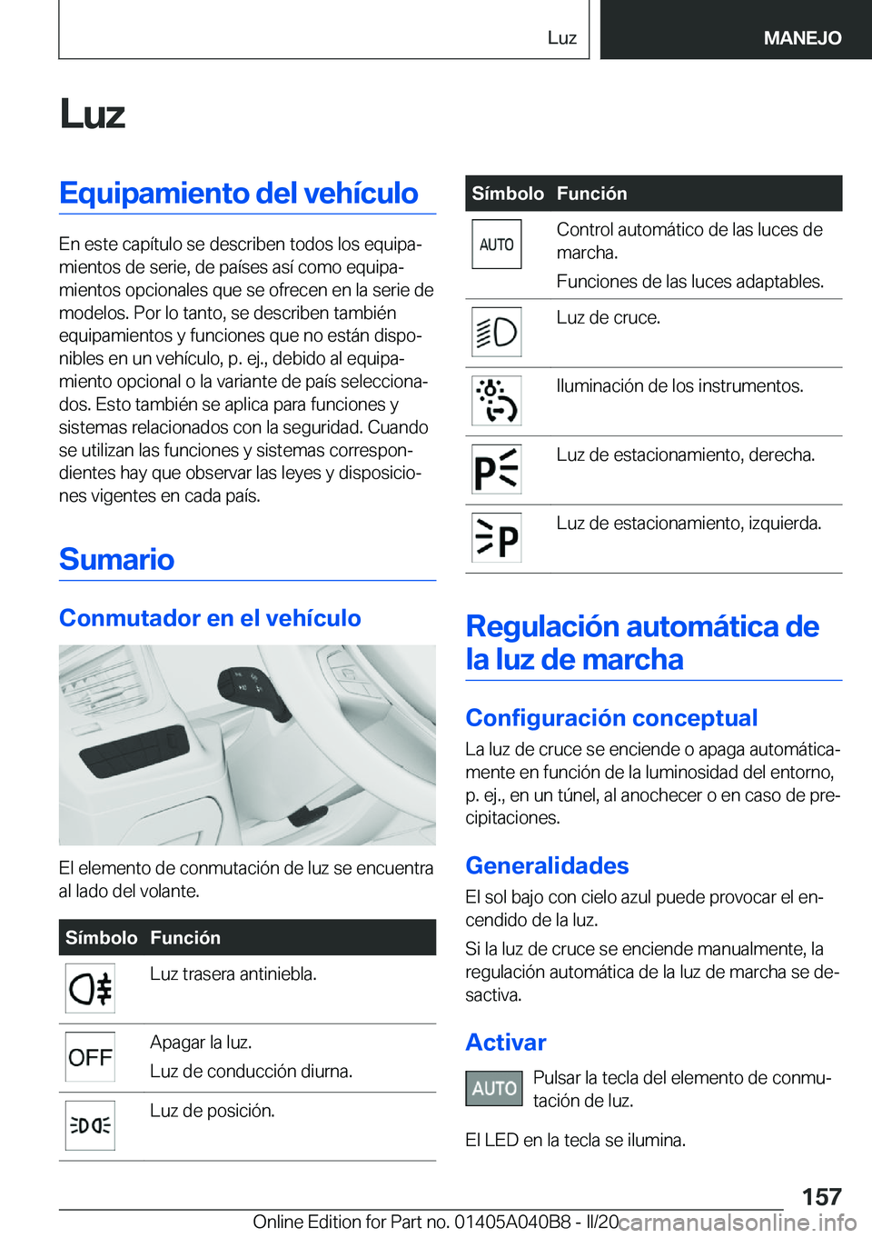 BMW Z4 2020  Manuales de Empleo (in Spanish) �L�u�z�E�q�u�i�p�a�m�i�e�n�t�o��d�e�l��v�e�h�
