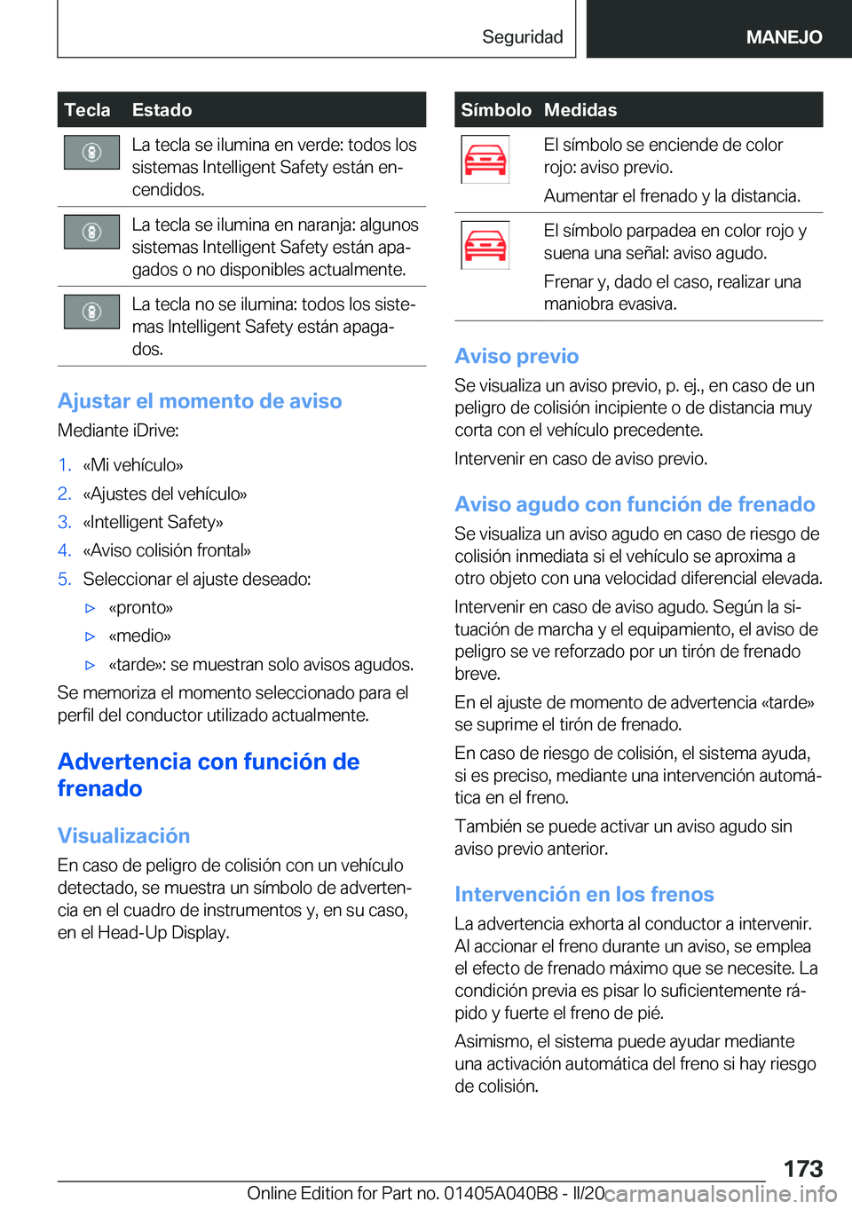 BMW Z4 2020  Manuales de Empleo (in Spanish) �T�e�c�l�a�E�s�t�a�d�o�L�a��t�e�c�l�a��s�e��i�l�u�m�i�n�a��e�n��v�e�r�d�e�:��t�o�d�o�s��l�o�s�s�i�s�t�e�m�a�s��I�n�t�e�l�l�i�g�e�n�t��S�a�f�e�t�y��e�s�t�á�n��e�nª
�c�e�n�d�i�d�o�s�.�L�a�