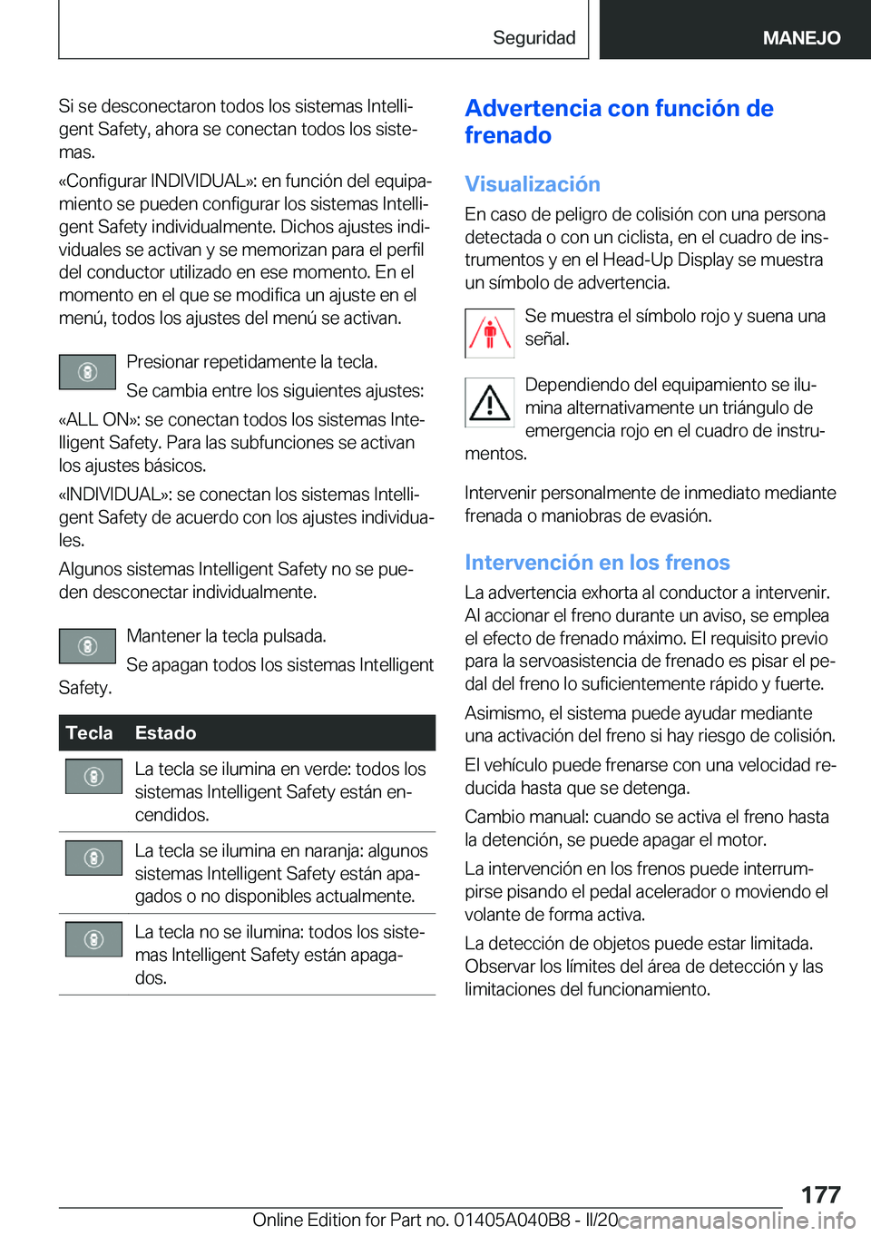 BMW Z4 2020  Manuales de Empleo (in Spanish) �S�i��s�e��d�e�s�c�o�n�e�c�t�a�r�o�n��t�o�d�o�s��l�o�s��s�i�s�t�e�m�a�s��I�n�t�e�l�l�iª
�g�e�n�t��S�a�f�e�t�y�,��a�h�o�r�a��s�e��c�o�n�e�c�t�a�n��t�o�d�o�s��l�o�s��s�i�s�t�eª
�m�a�s�.