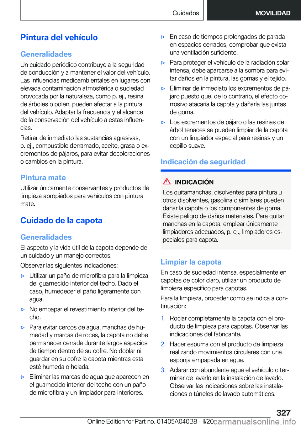 BMW Z4 2020  Manuales de Empleo (in Spanish) �P�i�n�t�u�r�a��d�e�l��v�e�h�