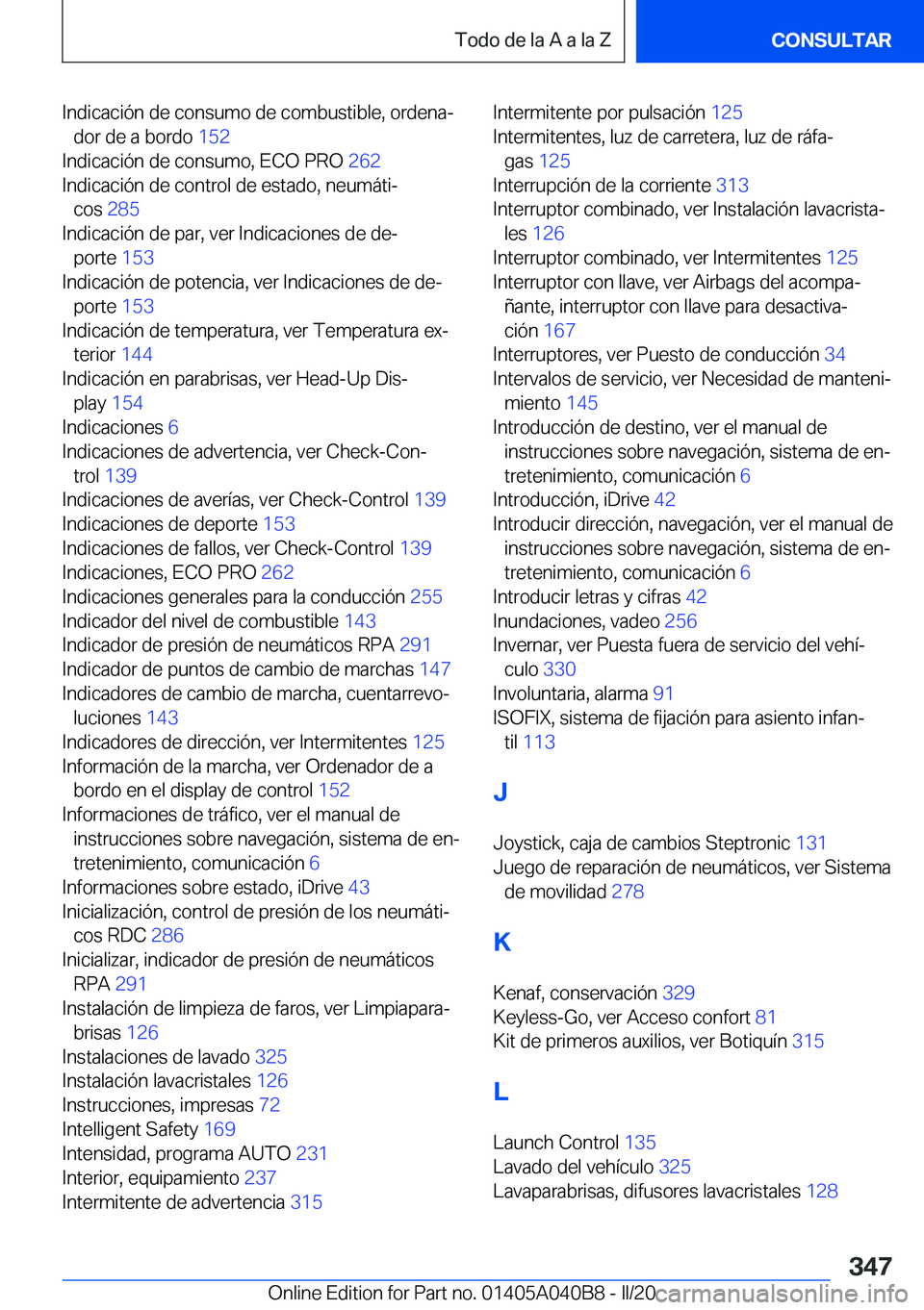 BMW Z4 2020  Manuales de Empleo (in Spanish) �I�n�d�i�c�a�c�i�