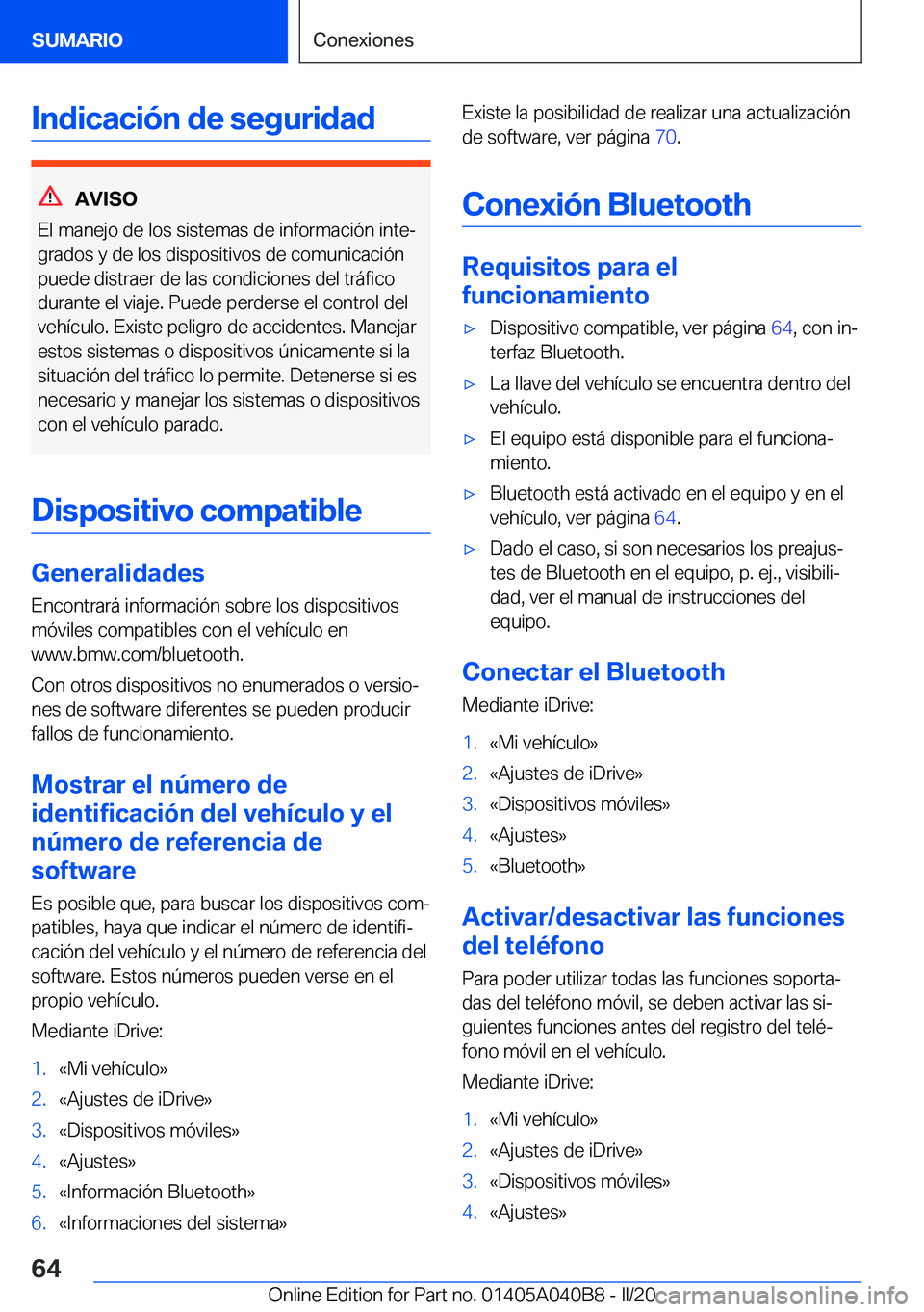 BMW Z4 2020  Manuales de Empleo (in Spanish) �I�n�d�i�c�a�c�i�
