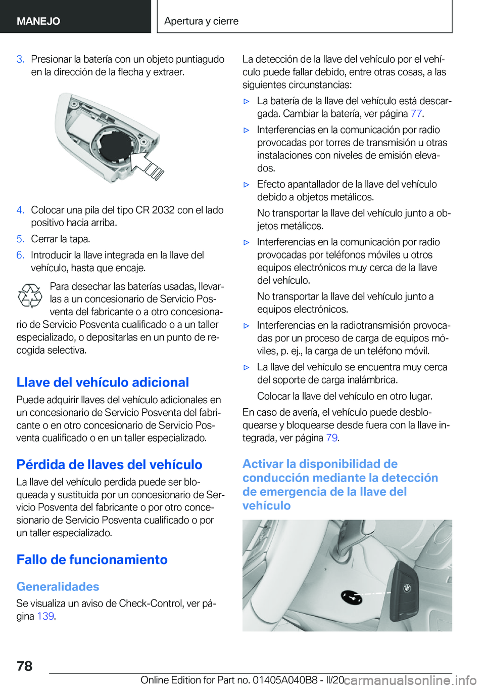 BMW Z4 2020  Manuales de Empleo (in Spanish) �3�.�P�r�e�s�i�o�n�a�r��l�a��b�a�t�e�r�