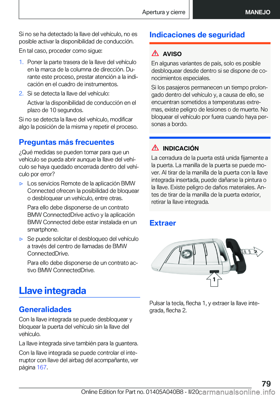BMW Z4 2020  Manuales de Empleo (in Spanish) �S�i��n�o��s�e��h�a��d�e�t�e�c�t�a�d�o��l�a��l�l�a�v�e��d�e�l��v�e�h�