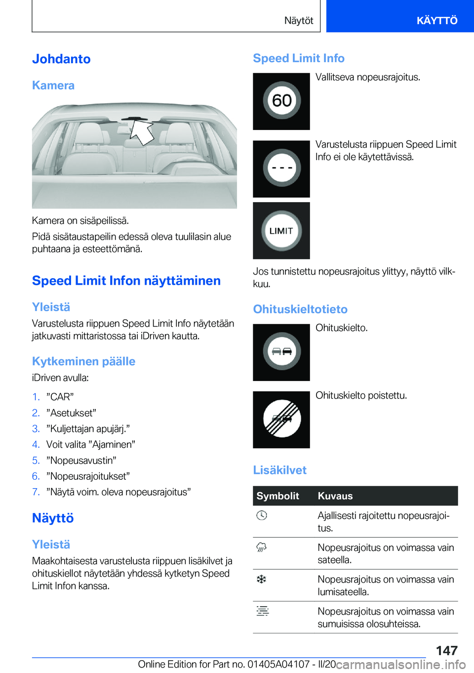BMW Z4 2020  Omistajan Käsikirja (in Finnish) �J�o�h�d�a�n�t�o
�K�a�m�e�r�a
�K�a�m�e�r�a��o�n��s�i�s�
