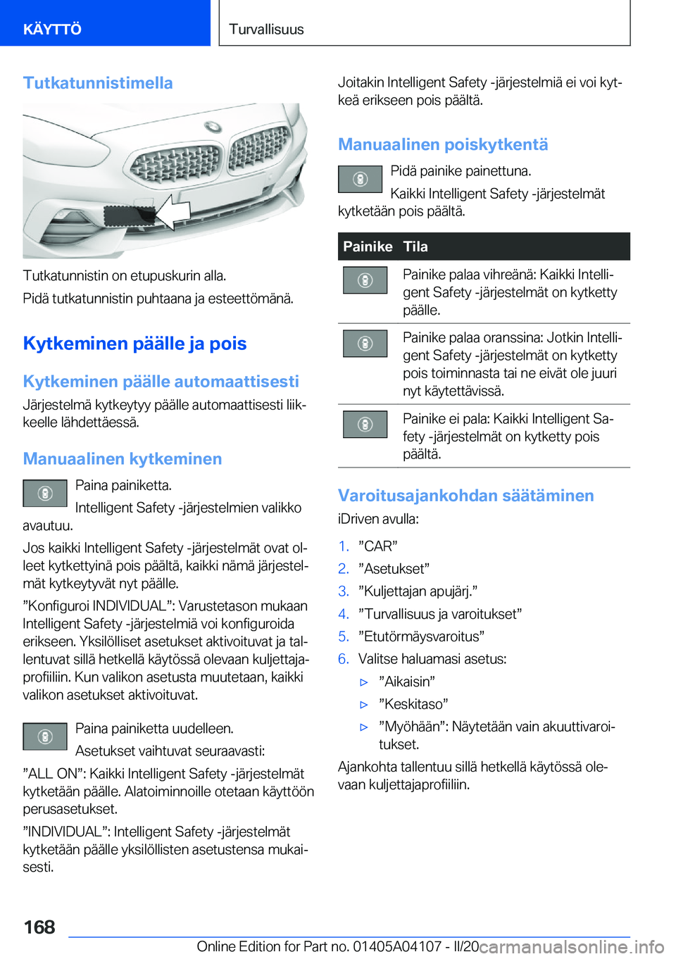 BMW Z4 2020  Omistajan Käsikirja (in Finnish) �T�u�t�k�a�t�u�n�n�i�s�t�i�m�e�l�l�a
�T�u�t�k�a�t�u�n�n�i�s�t�i�n��o�n��e�t�u�p�u�s�k�u�r�i�n��a�l�l�a�.
�P�i�d�