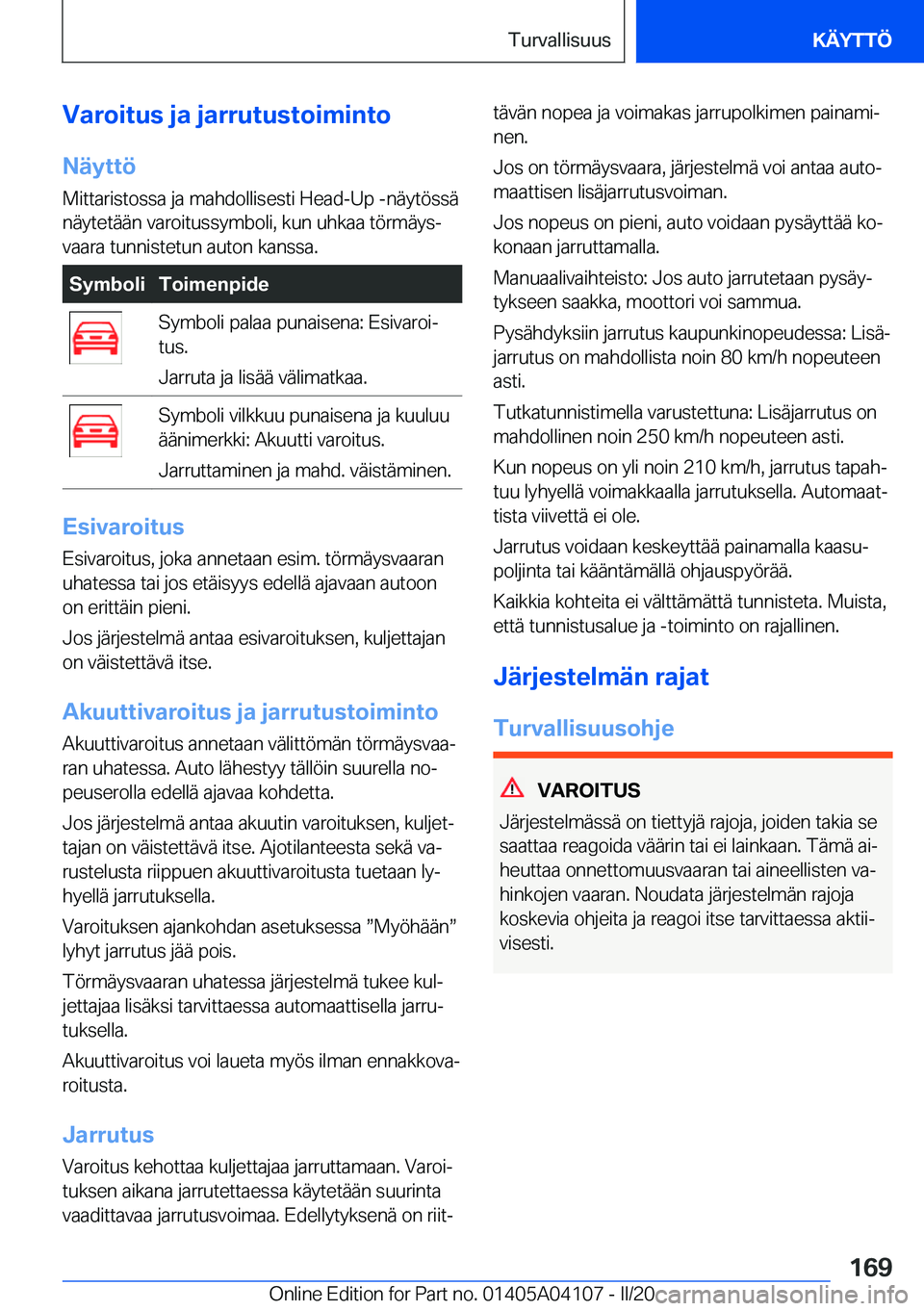 BMW Z4 2020  Omistajan Käsikirja (in Finnish) �V�a�r�o�i�t�u�s��j�a��j�a�r�r�u�t�u�s�t�o�i�m�i�n�t�o
�N�