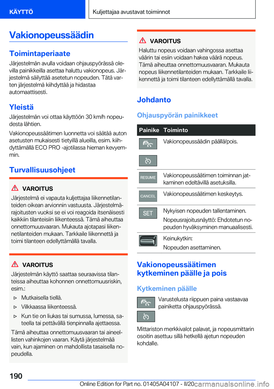 BMW Z4 2020  Omistajan Käsikirja (in Finnish) �V�a�k�i�o�n�o�p�e�u�s�s�