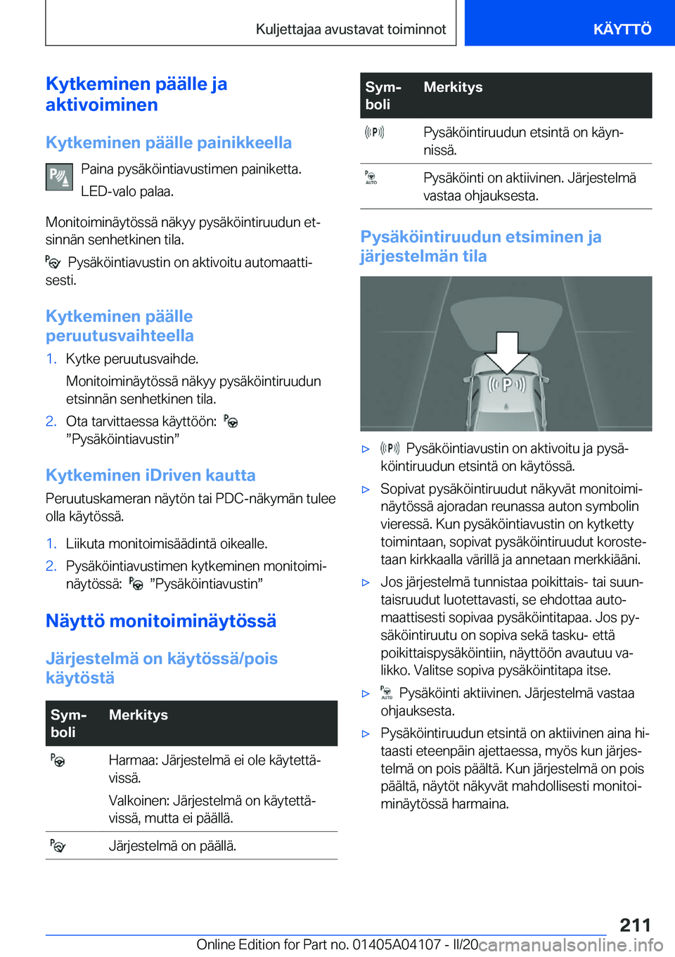 BMW Z4 2020  Omistajan Käsikirja (in Finnish) �K�y�t�k�e�m�i�n�e�n��p�