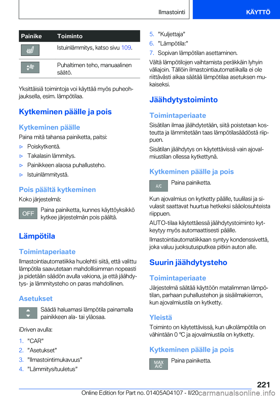 BMW Z4 2020  Omistajan Käsikirja (in Finnish) �P�a�i�n�i�k�e�T�o�i�m�i�n�t�o�I�s�t�u�i�n�l�