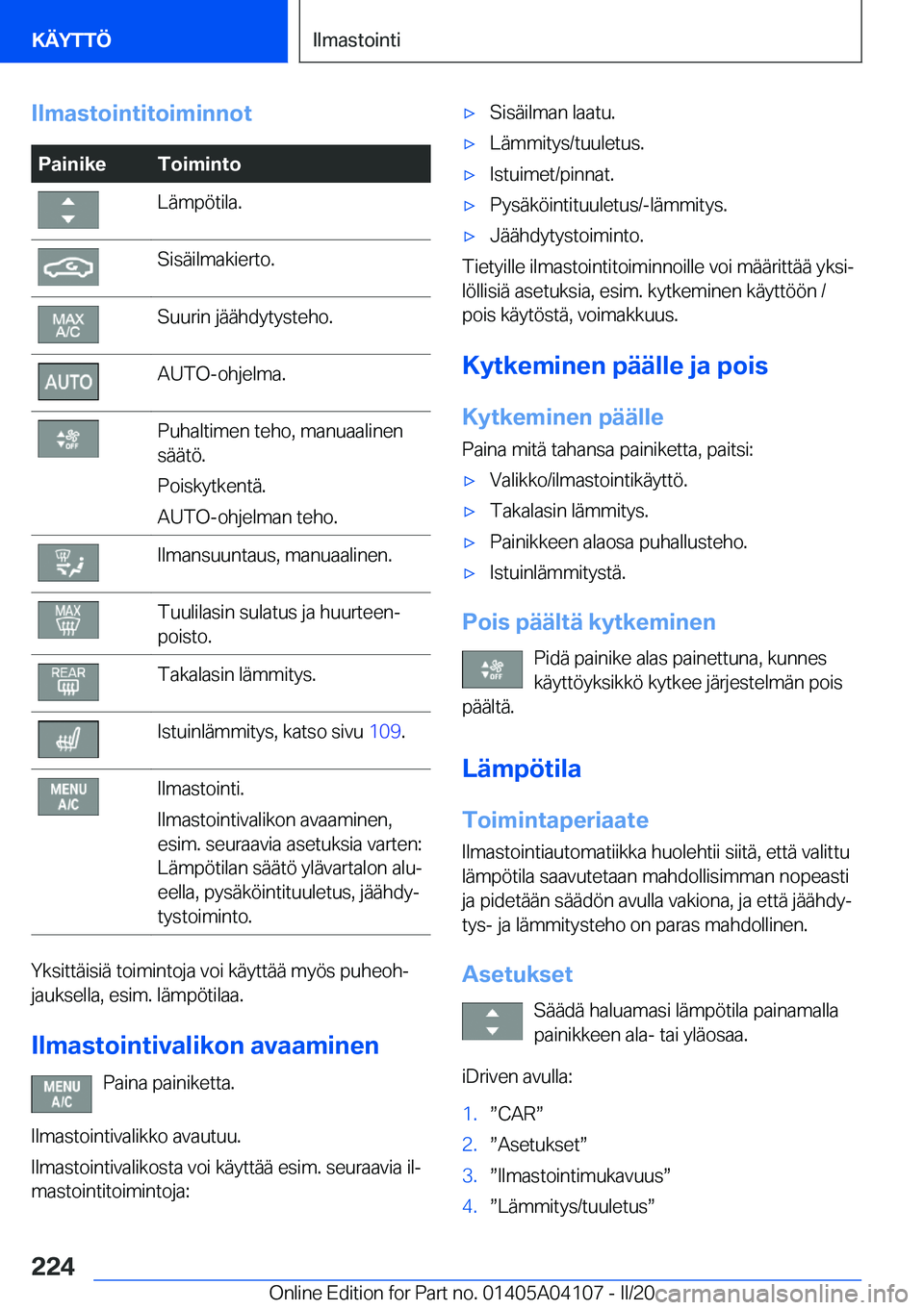 BMW Z4 2020  Omistajan Käsikirja (in Finnish) �I�l�m�a�s�t�o�i�n�t�i�t�o�i�m�i�n�n�o�t�P�a�i�n�i�k�e�T�o�i�m�i�n�t�o�L�