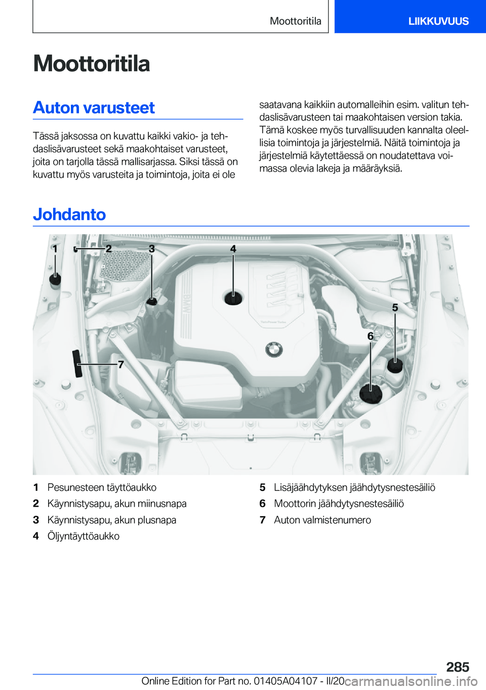 BMW Z4 2020  Omistajan Käsikirja (in Finnish) �M�o�o�t�t�o�r�i�t�i�l�a�A�u�t�o�n��v�a�r�u�s�t�e�e�t
�T�