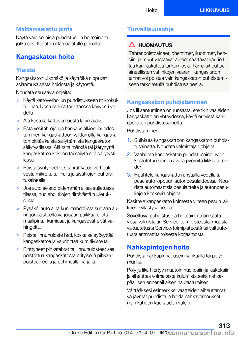 BMW Z4 2020  Omistajan Käsikirja (in Finnish) �M�a�t�t�a�m�a�a�l�a�t�t�u��p�i�n�t�a�K�