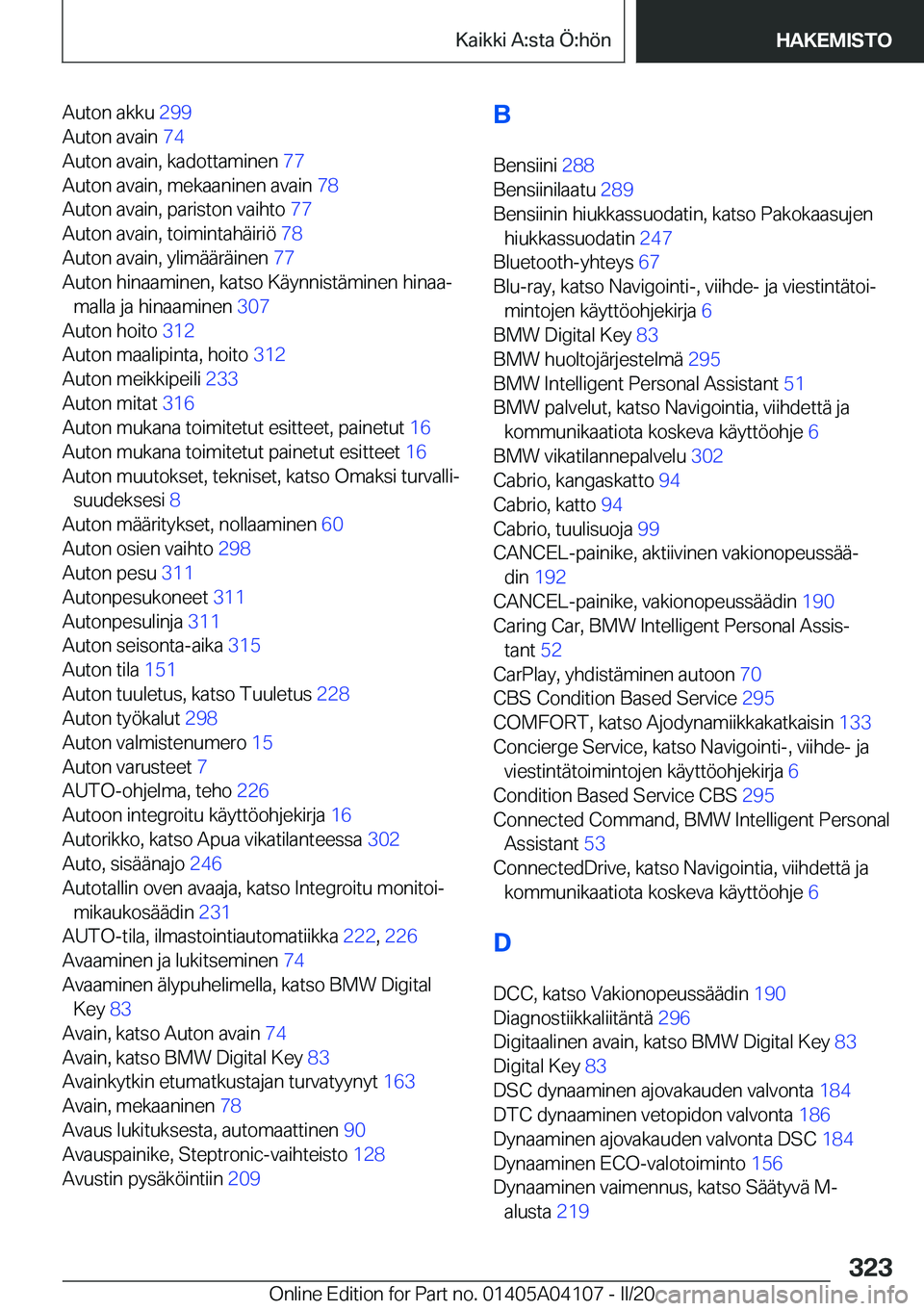 BMW Z4 2020  Omistajan Käsikirja (in Finnish) �A�u�t�o�n��a�k�k�u��2�9�9�
�A�u�t�o�n��a�v�a�i�n� �7�4�
�A�u�t�o�n��a�v�a�i�n�,��k�a�d�o�t�t�a�m�i�n�e�n� �7�7�
�A�u�t�o�n��a�v�a�i�n�,��m�e�k�a�a�n�i�n�e�n��a�v�a�i�n� �7�8�
�A�u�t�o�