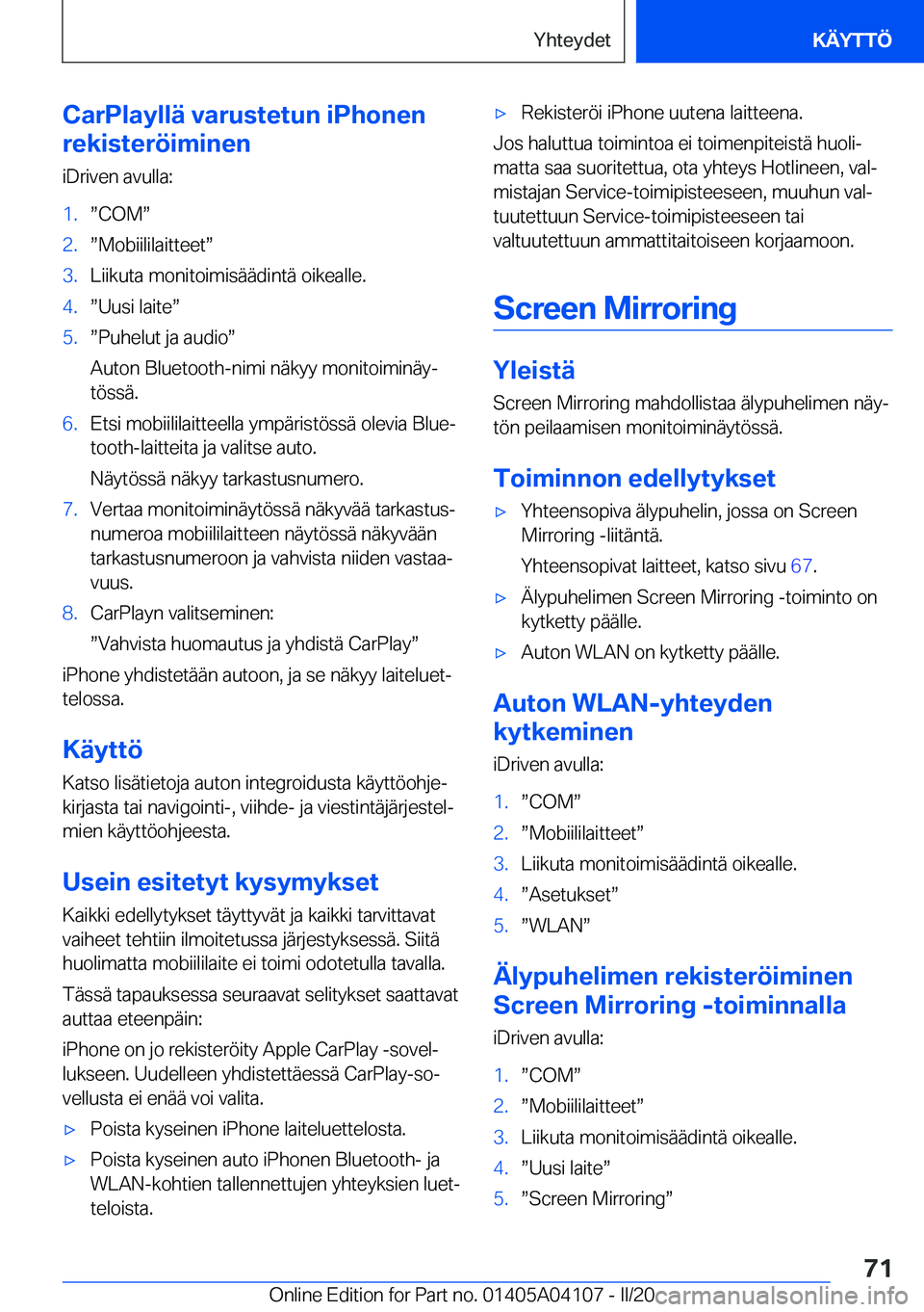 BMW Z4 2020  Omistajan Käsikirja (in Finnish) �C�a�r�P�l�a�y�l�l�
