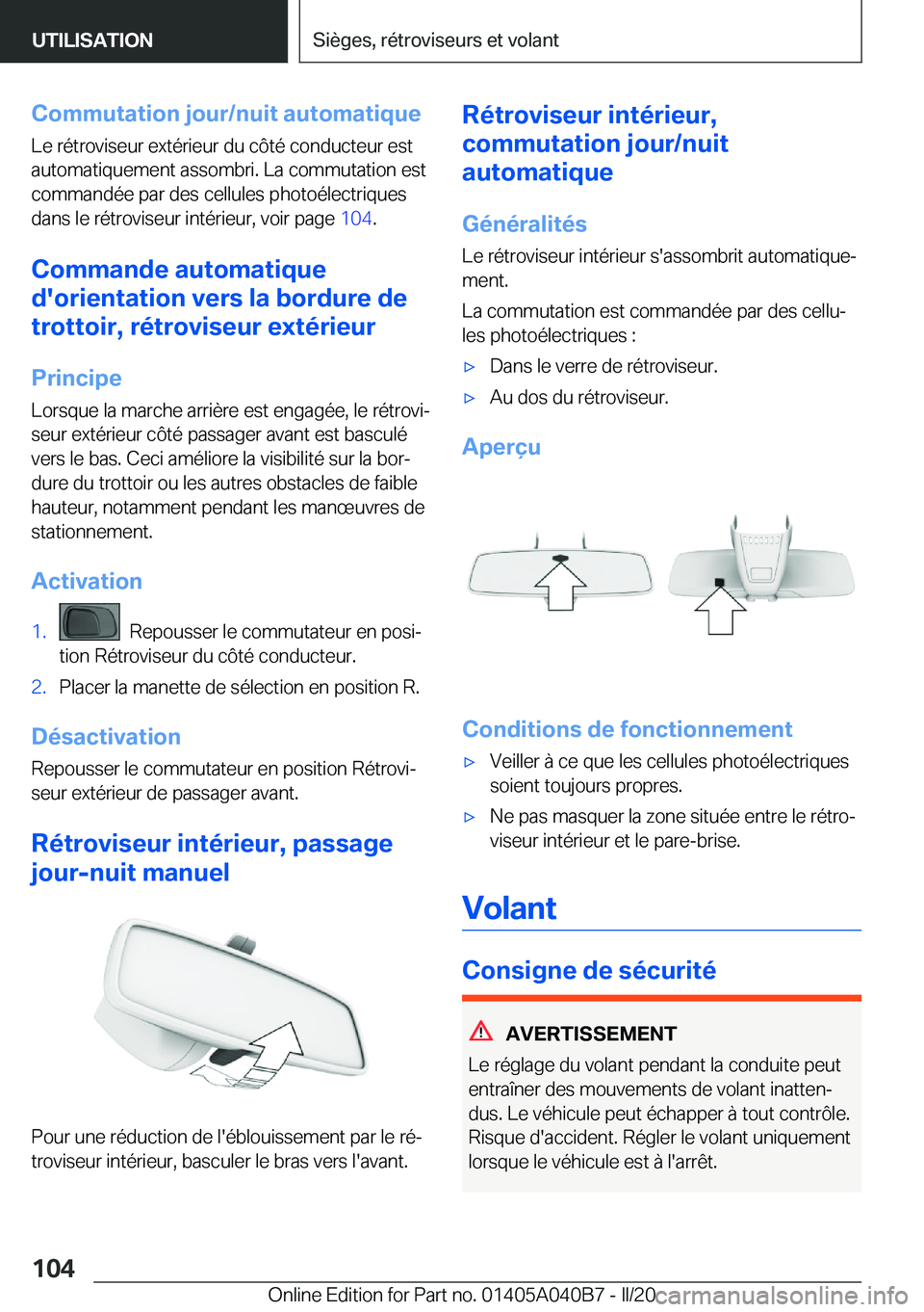BMW Z4 2020  Notices Demploi (in French) �C�o�m�m�u�t�a�t�i�o�n��j�o�u�r�/�n�u�i�t��a�u�t�o�m�a�t�i�q�u�e�L�e��r�é�t�r�o�v�i�s�e�u�r��e�x�t�é�r�i�e�u�r��d�u��c�