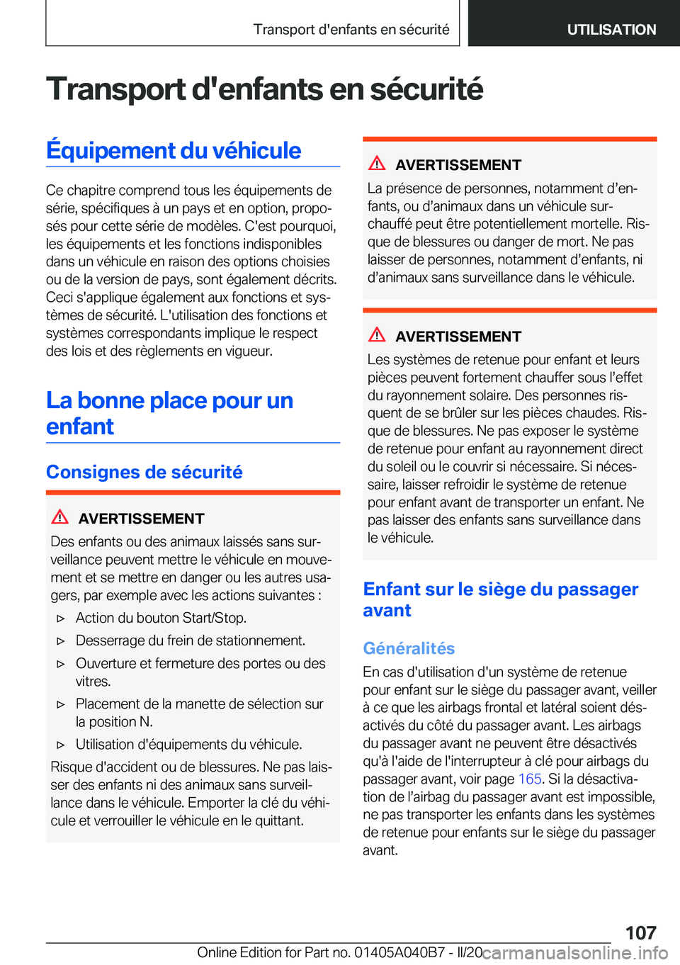 BMW Z4 2020  Notices Demploi (in French) �T�r�a�n�s�p�o�r�t��d�'�e�n�f�a�n�t�s��e�n��s�é�c�u�r�i�t�é�