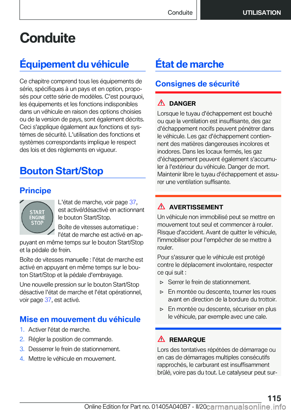 BMW Z4 2020  Notices Demploi (in French) �C�o�n�d�u�i�t�e�
