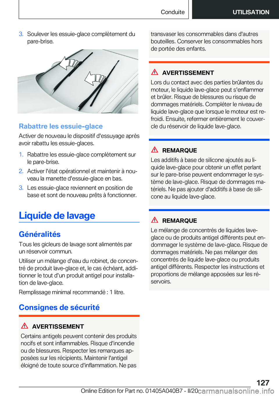 BMW Z4 2020  Notices Demploi (in French) �3�.�S�o�u�l�e�v�e�r��l�e�s��e�s�s�u�i�e�-�g�l�a�c�e��c�o�m�p�l�è�t�e�m�e�n�t��d�u
�p�a�r�e�-�b�r�i�s�e�.
�R�a�b�a�t�t�r�e��l�e�s��e�s�s�u�i�e�-�g�l�a�c�e
�A�c�t�i�v�e�r��d�e��n�o�u�v�e�a�u�