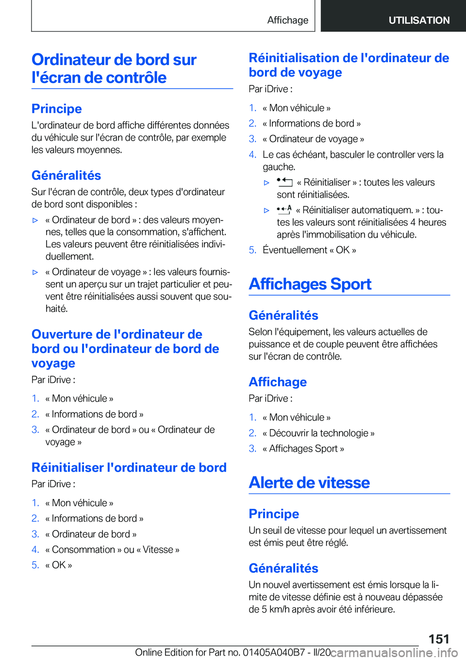 BMW Z4 2020  Notices Demploi (in French) �O�r�d�i�n�a�t�e�u�r��d�e��b�o�r�d��s�u�r�l�'�é�c�r�a�n��d�e��c�o�n�t�r�