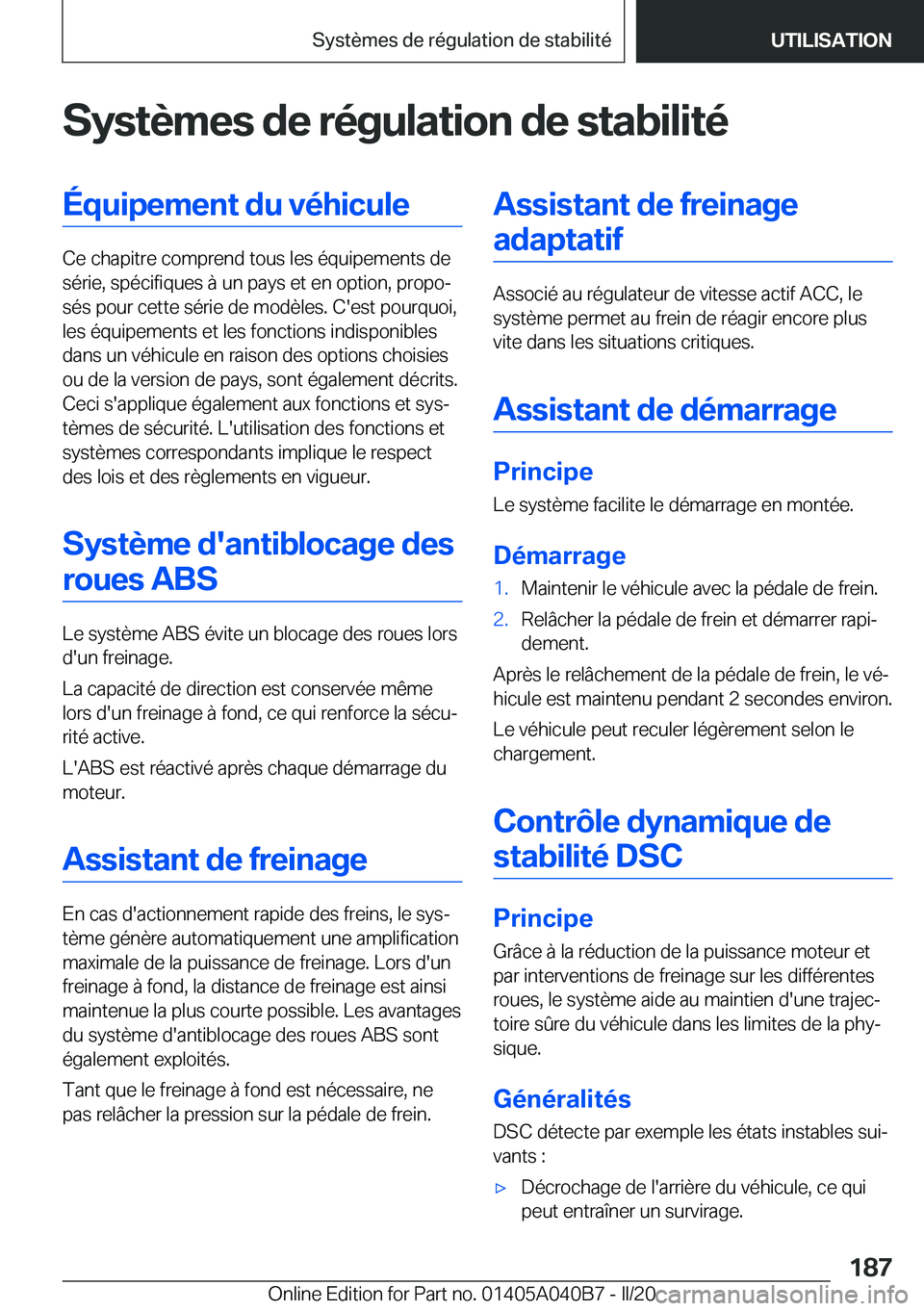 BMW Z4 2020  Notices Demploi (in French) �S�y�s�t�è�m�e�s��d�e��r�é�g�u�l�a�t�i�o�n��d�e��s�t�a�b�i�l�i�t�é�