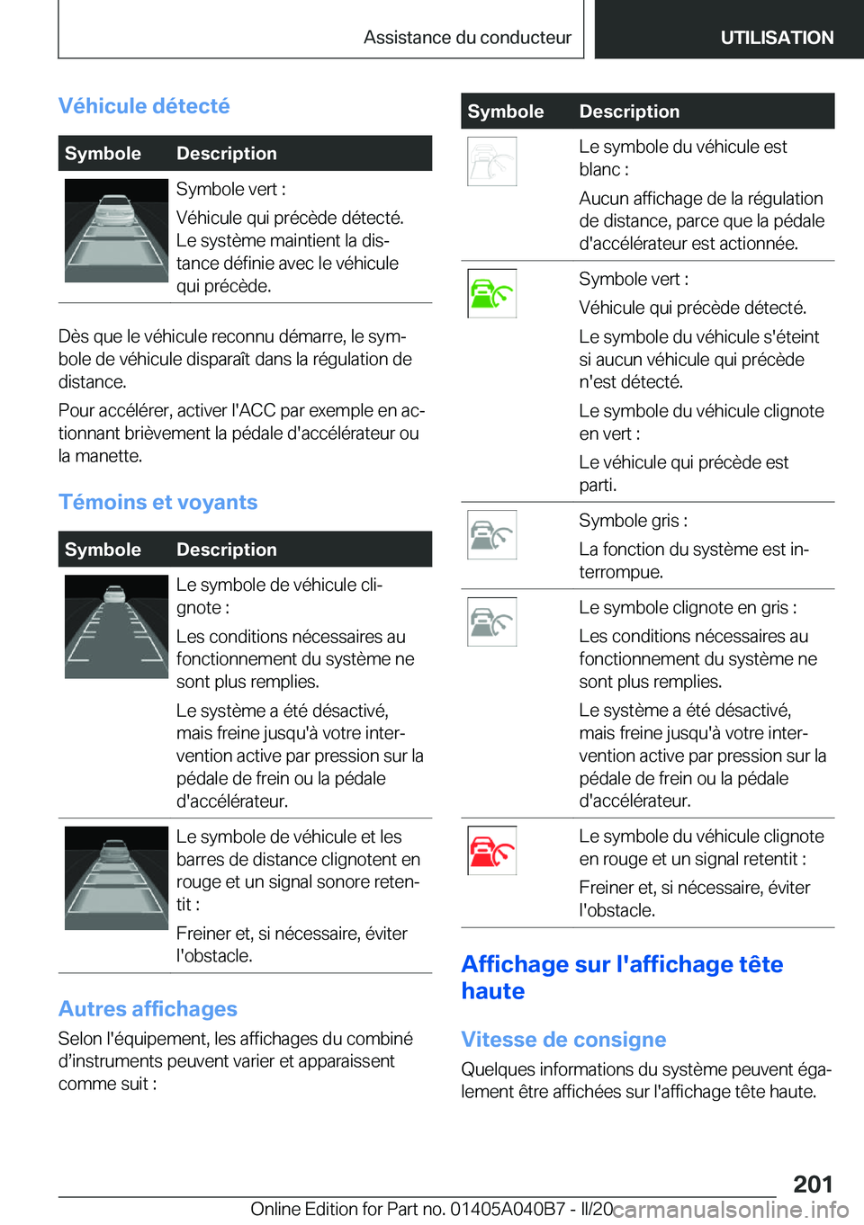 BMW Z4 2020  Notices Demploi (in French) �V�é�h�i�c�u�l�e��d�é�t�e�c�t�é�S�y�m�b�o�l�e�D�e�s�c�r�i�p�t�i�o�n�S�y�m�b�o�l�e��v�e�r�t��:
�V�é�h�i�c�u�l�e��q�u�i��p�r�é�c�è�d�e��d�é�t�e�c�t�é�.
�L�e��s�y�s�t�è�m�e��m�a�i�n�t�i�