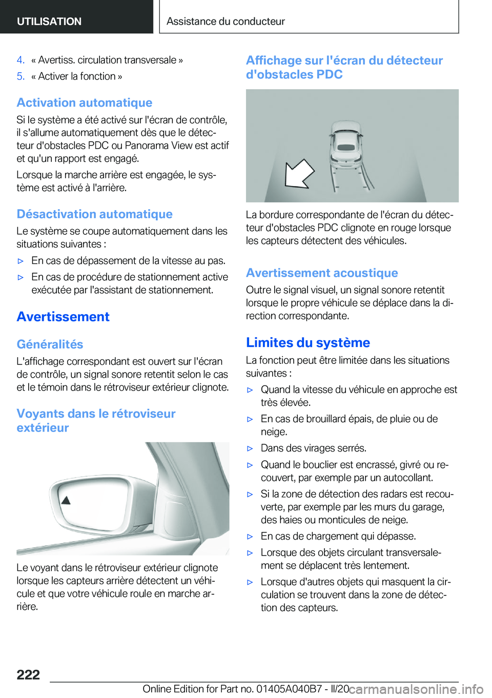 BMW Z4 2020  Notices Demploi (in French) �4�.�k��A�v�e�r�t�i�s�s�.��c�i�r�c�u�l�a�t�i�o�n��t�r�a�n�s�v�e�r�s�a�l�e��{�5�.�k��A�c�t�i�v�e�r��l�a��f�o�n�c�t�i�o�n��{
�A�c�t�i�v�a�t�i�o�n��a�u�t�o�m�a�t�i�q�u�e�S�i��l�e��s�y�s�t�è�m