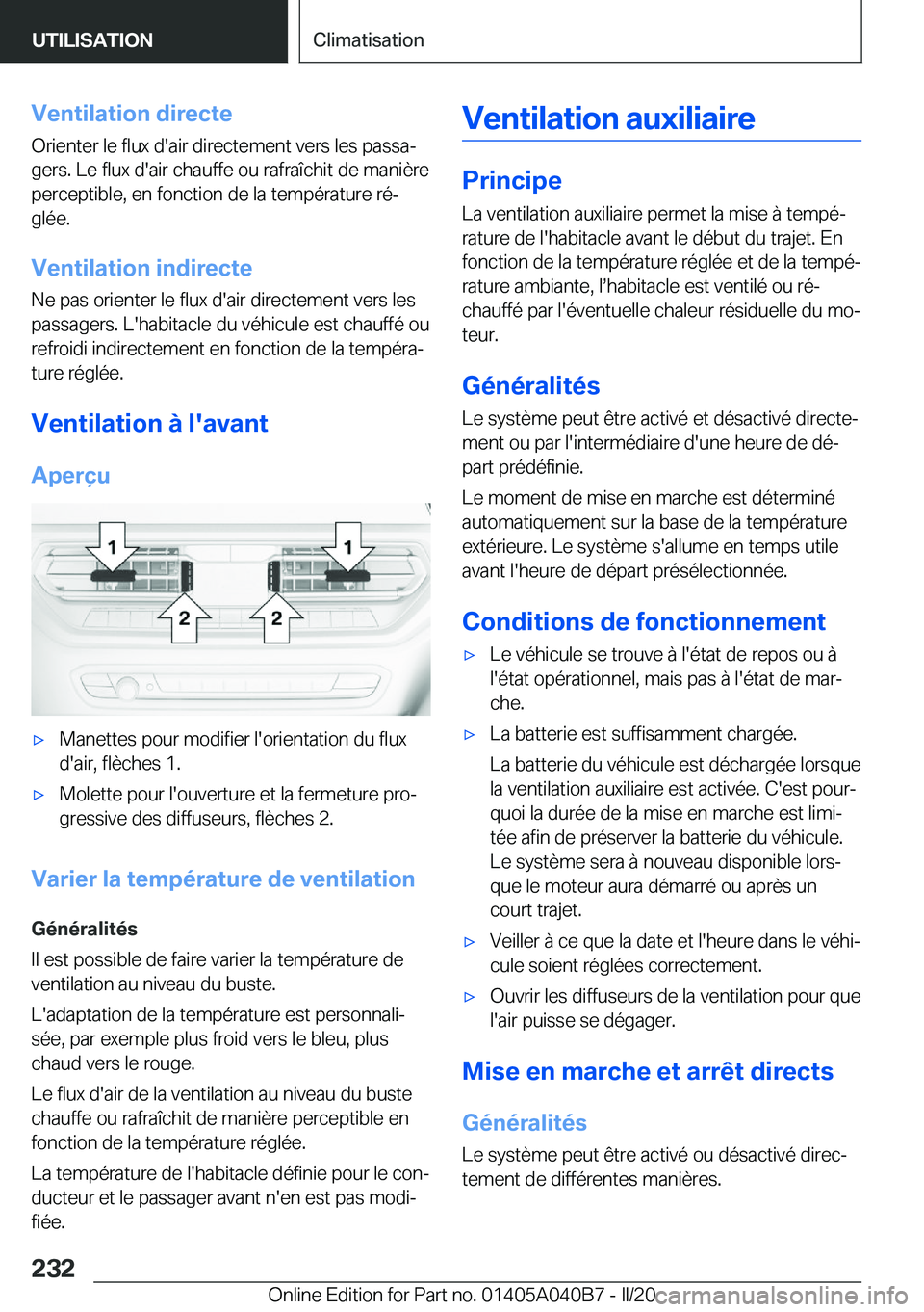 BMW Z4 2020  Notices Demploi (in French) �V�e�n�t�i�l�a�t�i�o�n��d�i�r�e�c�t�e
�O�r�i�e�n�t�e�r��l�e��f�l�u�x��d�'�a�i�r��d�i�r�e�c�t�e�m�e�n�t��v�e�r�s��l�e�s��p�a�s�s�aj �g�e�r�s�.��L�e��f�l�u�x��d�'�a�i�r��c�h�a�u�f�f