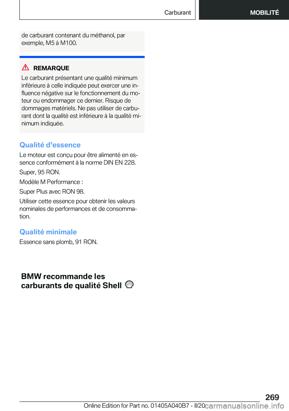 BMW Z4 2020  Notices Demploi (in French) �d�e��c�a�r�b�u�r�a�n�t��c�o�n�t�e�n�a�n�t��d�u��m�é�t�h�a�n�o�l�,��p�a�r�e�x�e�m�p�l�e�,��M�5��