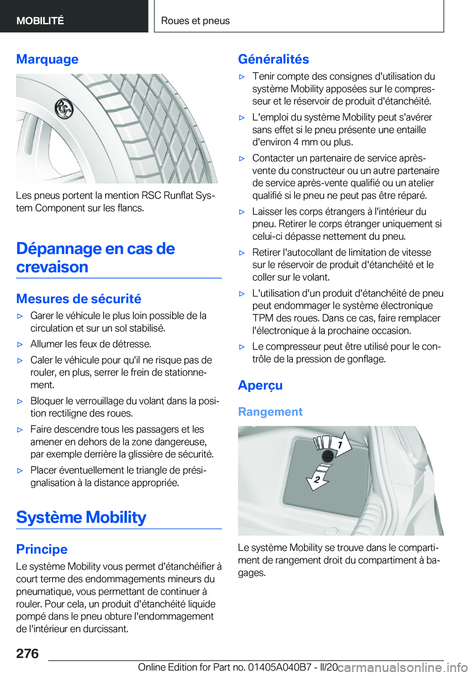 BMW Z4 2020  Notices Demploi (in French) �M�a�r�q�u�a�g�e
�L�e�s��p�n�e�u�s��p�o�r�t�e�n�t��l�a��m�e�n�t�i�o�n��R�S�C��R�u�n�f�l�a�t��S�y�sj
�t�e�m��C�o�m�p�o�n�e�n�t��s�u�r��l�e�s��f�l�a�n�c�s�.
�D�é�p�a�n�n�a�g�e��e�n��c�a�s