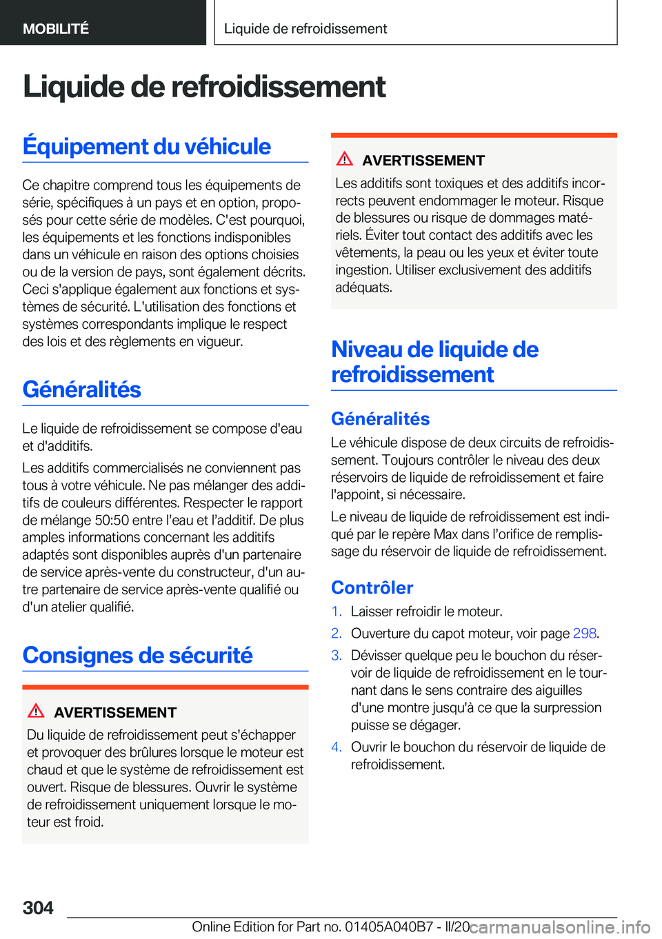 BMW Z4 2020  Notices Demploi (in French) �L�i�q�u�i�d�e��d�e��r�e�f�r�o�i�d�i�s�s�e�m�e�n�t�