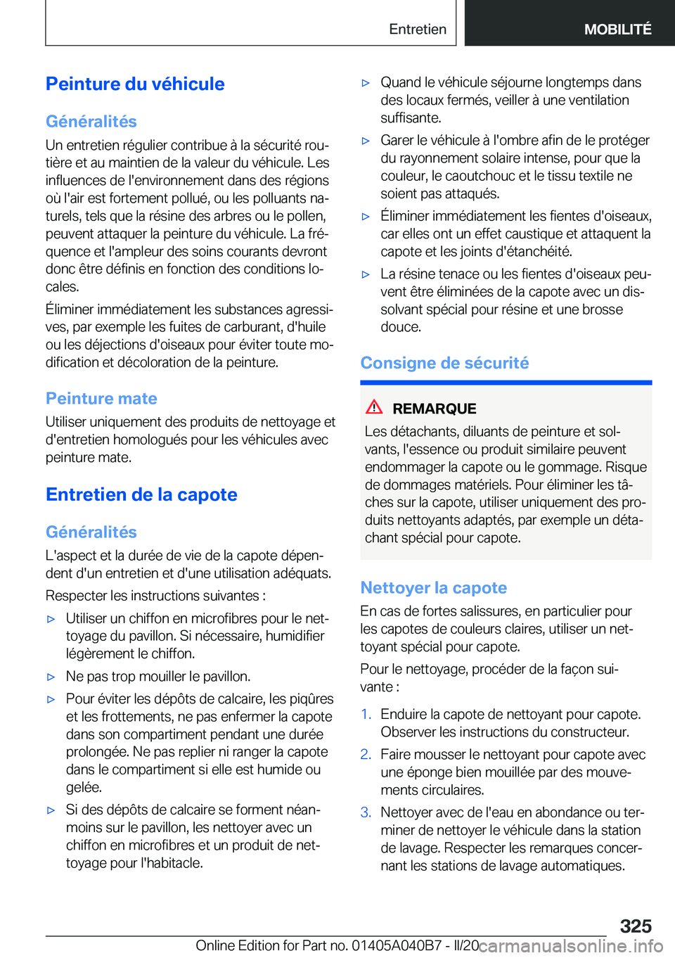 BMW Z4 2020  Notices Demploi (in French) �P�e�i�n�t�u�r�e��d�u��v�é�h�i�c�u�l�e�G�é�n�é�r�a�l�i�t�é�s
�U�n��e�n�t�r�e�t�i�e�n��r�é�g�u�l�i�e�r��c�o�n�t�r�i�b�u�e��