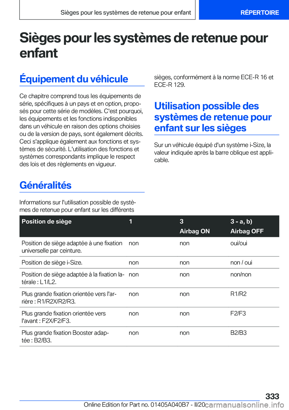 BMW Z4 2020  Notices Demploi (in French) �S�i�è�g�e�s��p�o�u�r��l�e�s��s�y�s�t�è�m�e�s��d�e��r�e�t�e�n�u�e��p�o�u�r
�e�n�f�a�n�t�