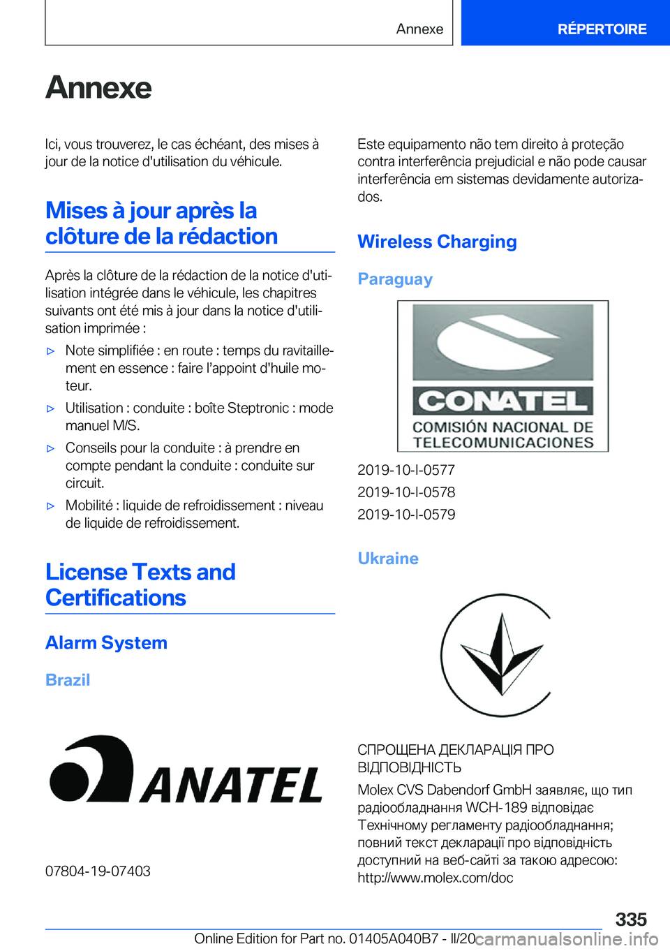 BMW Z4 2020  Notices Demploi (in French) �A�n�n�e�x�e�I�c�i�,��v�o�u�s��t�r�o�u�v�e�r�e�z�,��l�e��c�a�s��é�c�h�é�a�n�t�,��d�e�s��m�i�s�e�s��