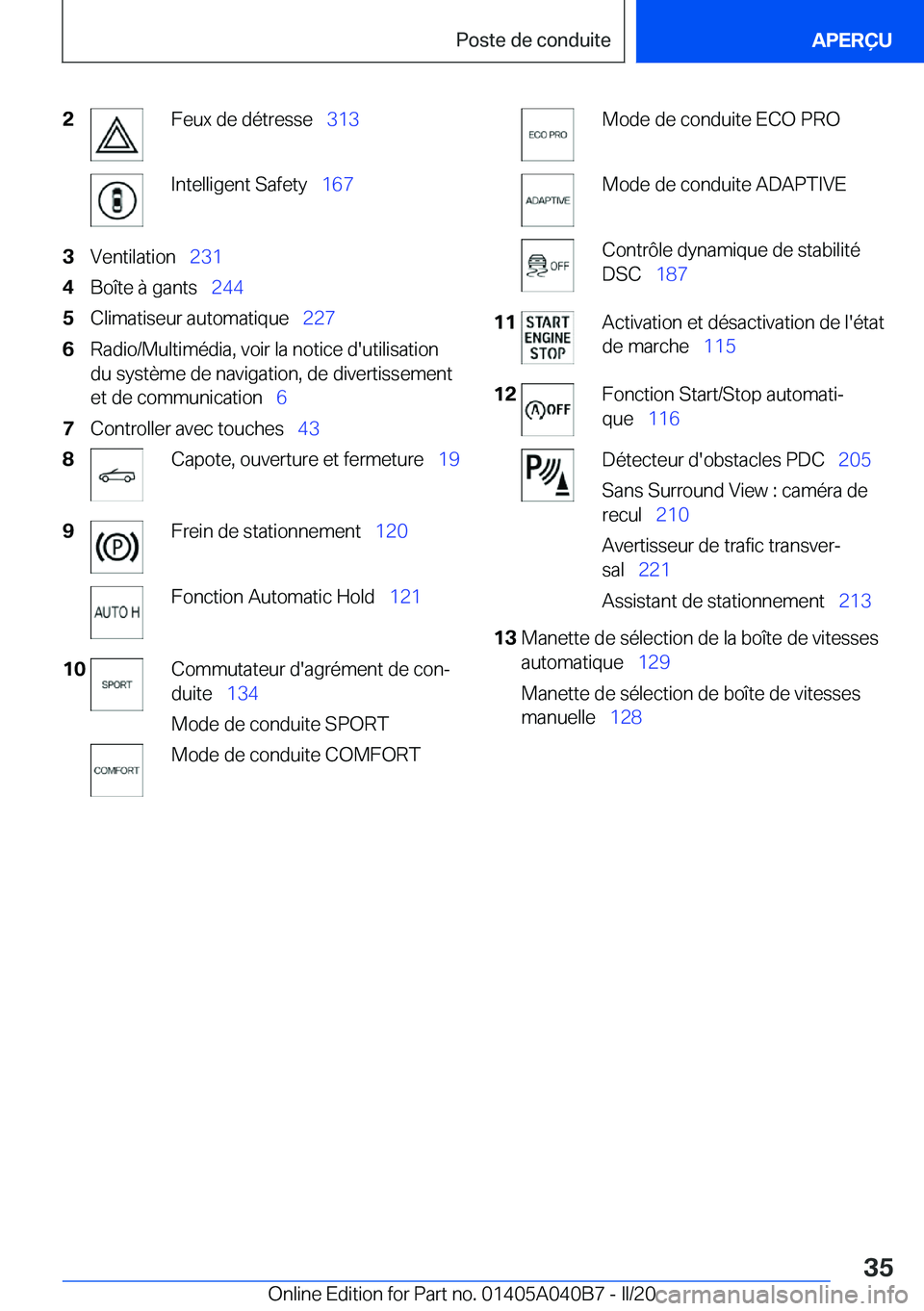 BMW Z4 2020  Notices Demploi (in French) �2�F�e�u�x��d�e��d�é�t�r�e�s�s�e\_�3�1�3�I�n�t�e�l�l�i�g�e�n�t��S�a�f�e�t�y\_�1�6�7�3�V�e�n�t�i�l�a�t�i�o�n\_�2�3�1�4�B�o�î�t�e��