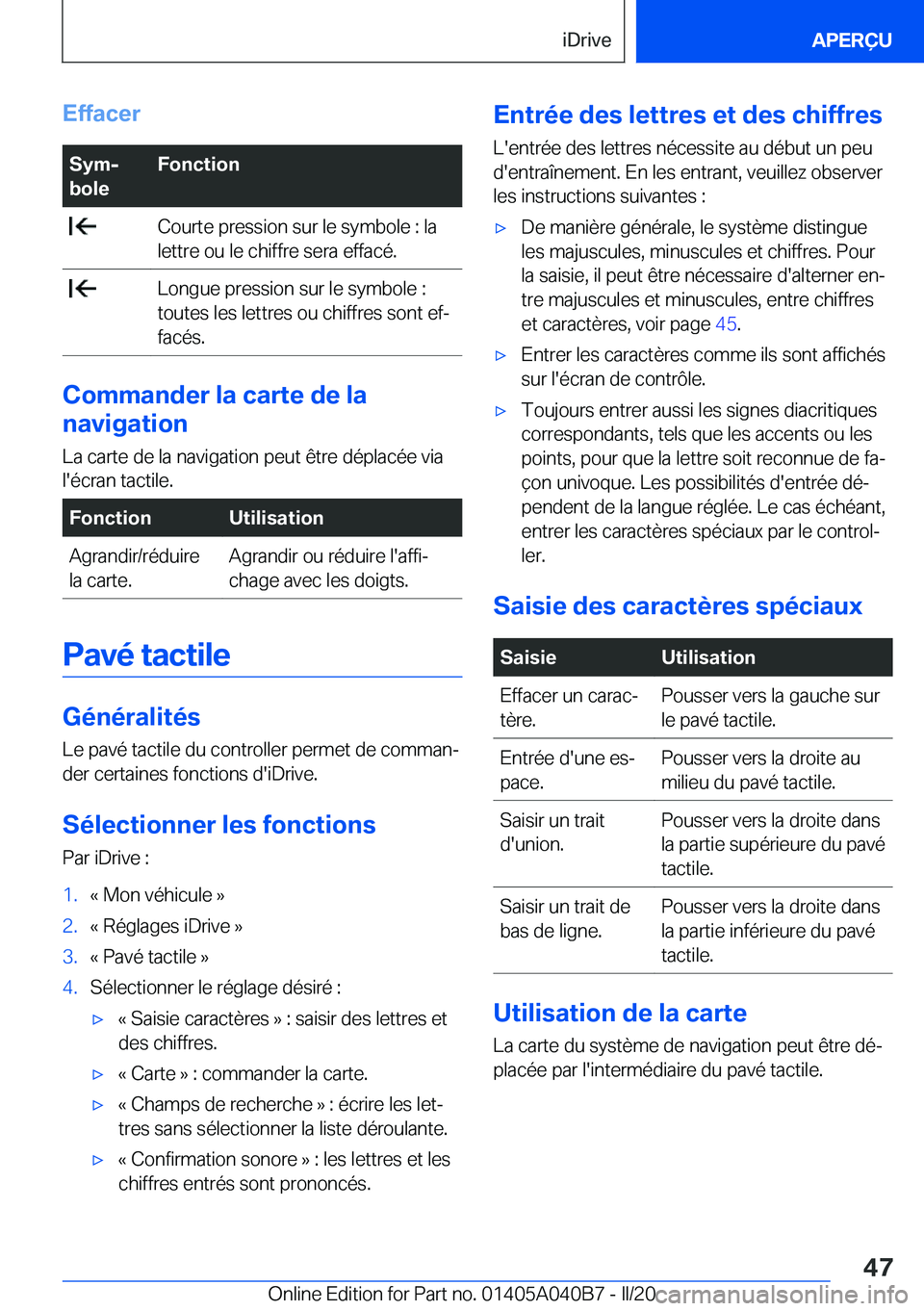 BMW Z4 2020  Notices Demploi (in French) �E�f�f�a�c�e�r�S�y�mj
�b�o�l�e�F�o�n�c�t�i�o�n��C�o�u�r�t�e��p�r�e�s�s�i�o�n��s�u�r��l�e��s�y�m�b�o�l�e��:��l�a
�l�e�t�t�r�e��o�u��l�e��c�h�i�f�f�r�e��s�e�r�a��e�f�f�a�c�é�.��L�o�n�g�u�