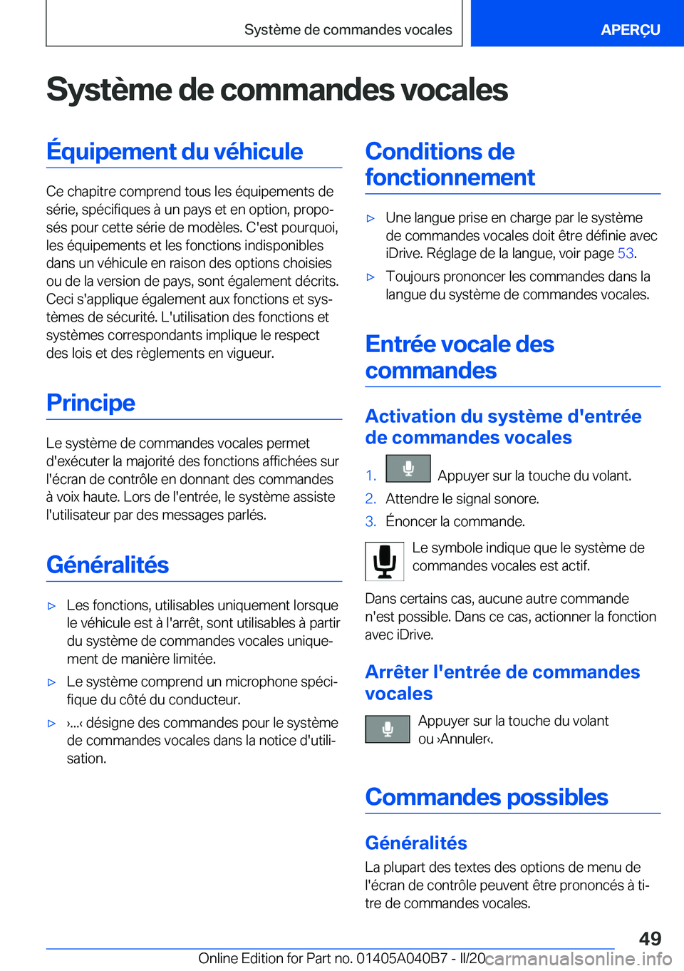 BMW Z4 2020  Notices Demploi (in French) �S�y�s�t�è�m�e��d�e��c�o�m�m�a�n�d�e�s��v�o�c�a�l�e�s�