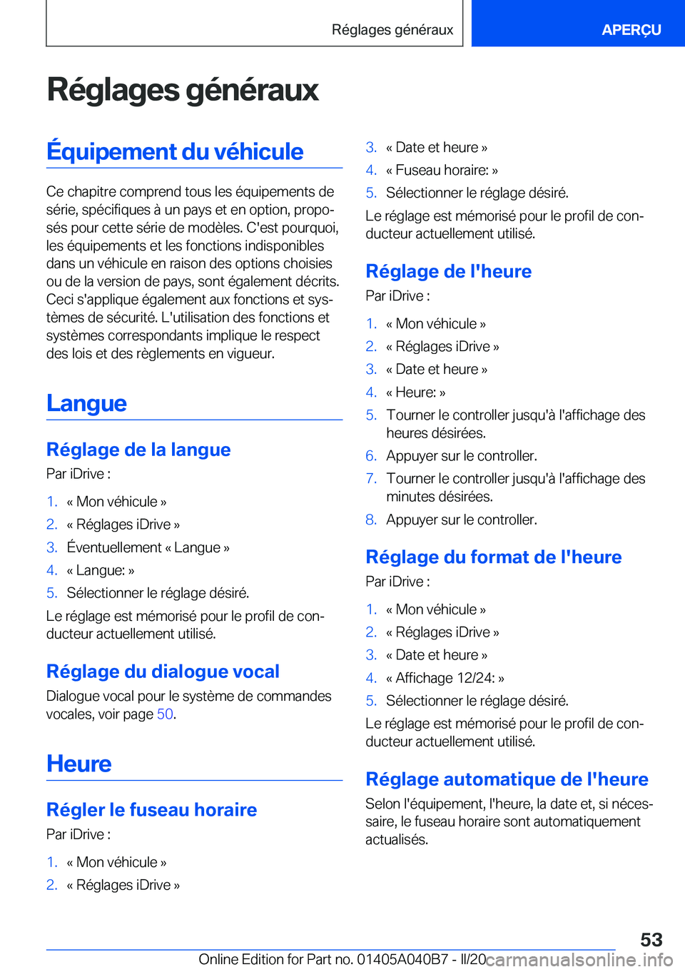 BMW Z4 2020  Notices Demploi (in French) �R�é�g�l�a�g�e�s��g�é�n�é�r�a�u�x�