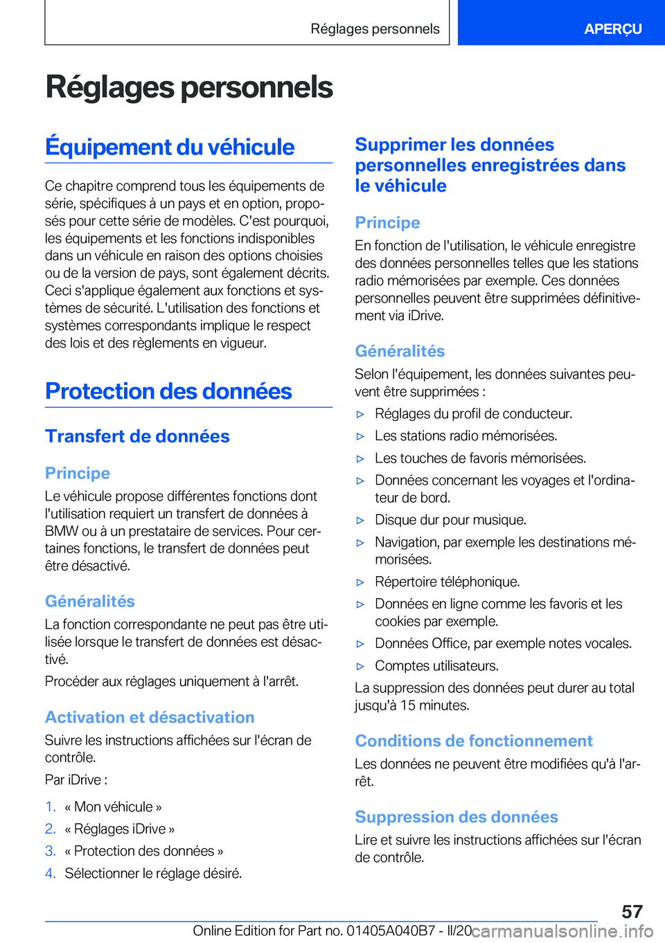 BMW Z4 2020  Notices Demploi (in French) �R�é�g�l�a�g�e�s��p�e�r�s�o�n�n�e�l�s�