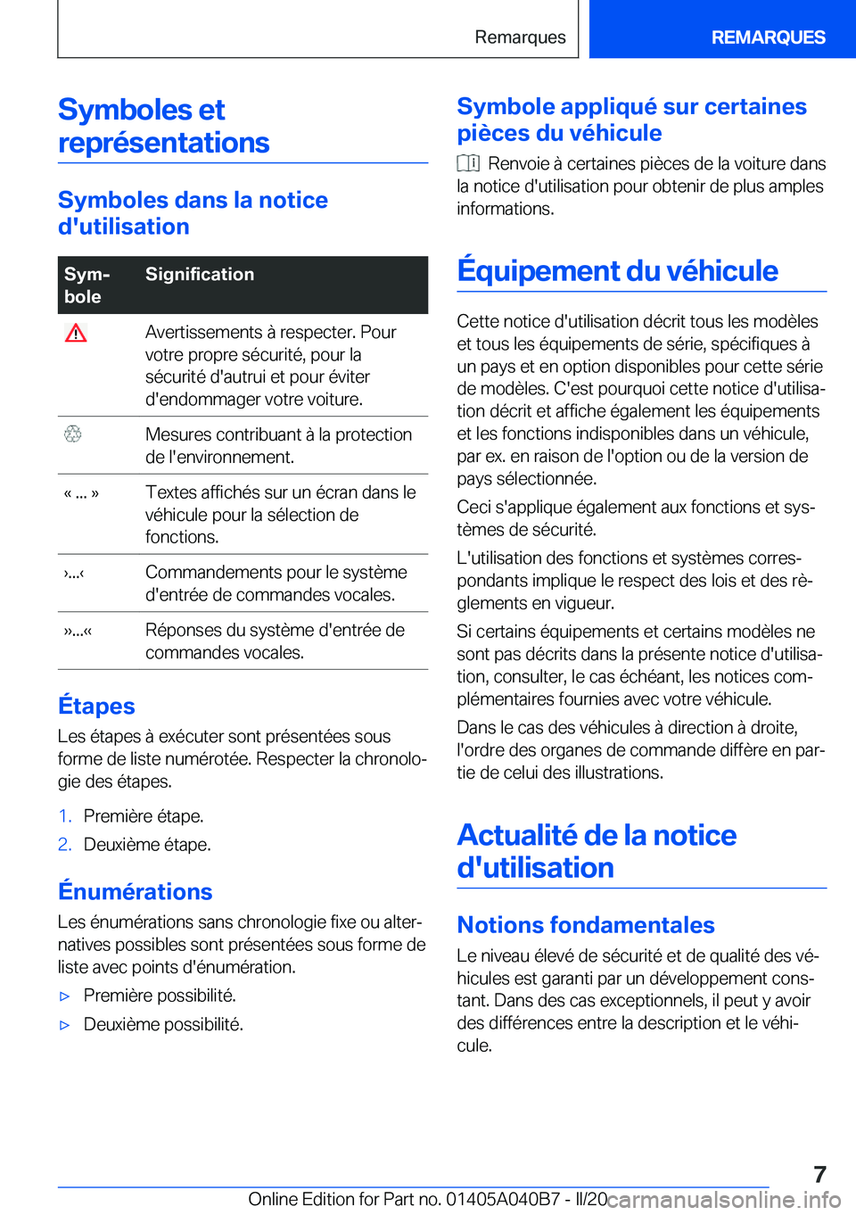 BMW Z4 2020  Notices Demploi (in French) �S�y�m�b�o�l�e�s��e�t�r�e�p�r�é�s�e�n�t�a�t�i�o�n�s
�S�y�m�b�o�l�e�s��d�a�n�s��l�a��n�o�t�i�c�e
�d�'�u�t�i�l�i�s�a�t�i�o�n
�S�y�mj
�b�o�l�e�S�i�g�n�i�f�i�c�a�t�i�o�n��A�v�e�r�t�i�s�s�e�m�e�