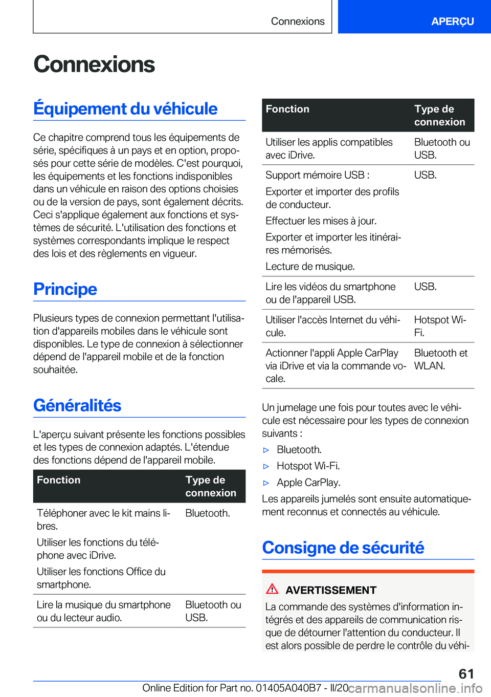 BMW Z4 2020  Notices Demploi (in French) �C�o�n�n�e�x�i�o�n�s�