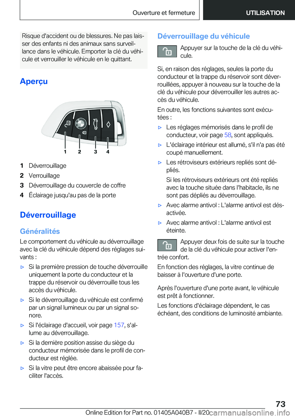 BMW Z4 2020  Notices Demploi (in French) �R�i�s�q�u�e��d�'�a�c�c�i�d�e�n�t��o�u��d�e��b�l�e�s�s�u�r�e�s�.��N�e��p�a�s��l�a�i�sj�s�e�r��d�e�s��e�n�f�a�n�t�s��n�i��d�e�s��a�n�i�m�a�u�x��s�a�n�s��s�u�r�v�e�i�lj
�l�a�n�c�e��