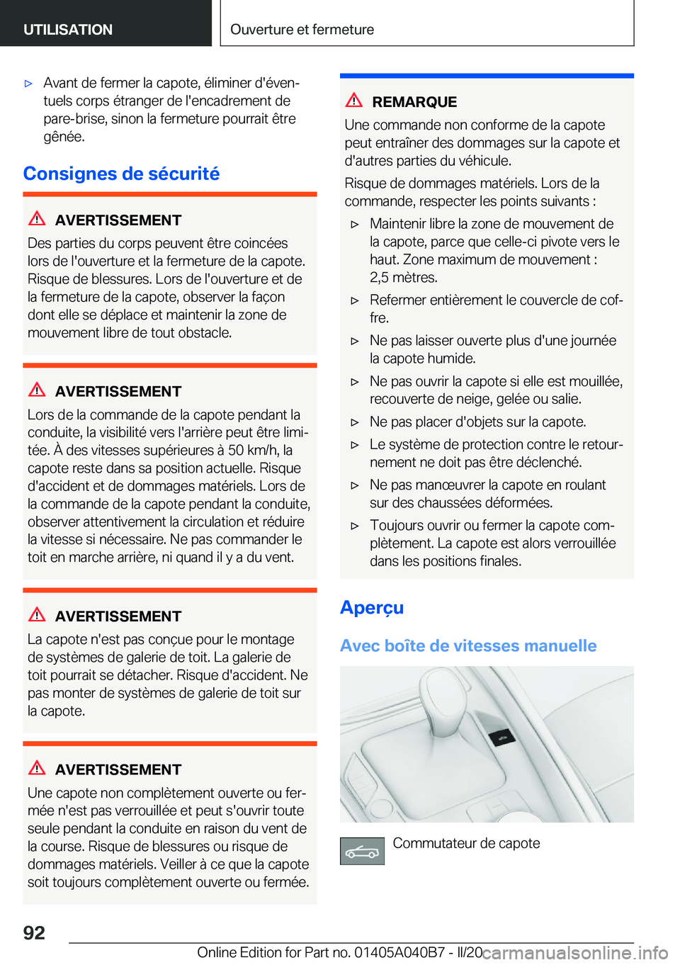 BMW Z4 2020  Notices Demploi (in French) 'x�A�v�a�n�t��d�e��f�e�r�m�e�r��l�a��c�a�p�o�t�e�,��é�l�i�m�i�n�e�r��d�'�é�v�e�nj�t�u�e�l�s��c�o�r�p�s��é�t�r�a�n�g�e�r��d�e��l�'�e�n�c�a�d�r�e�m�e�n�t��d�e
�p�a�r�e�-�b�r�i