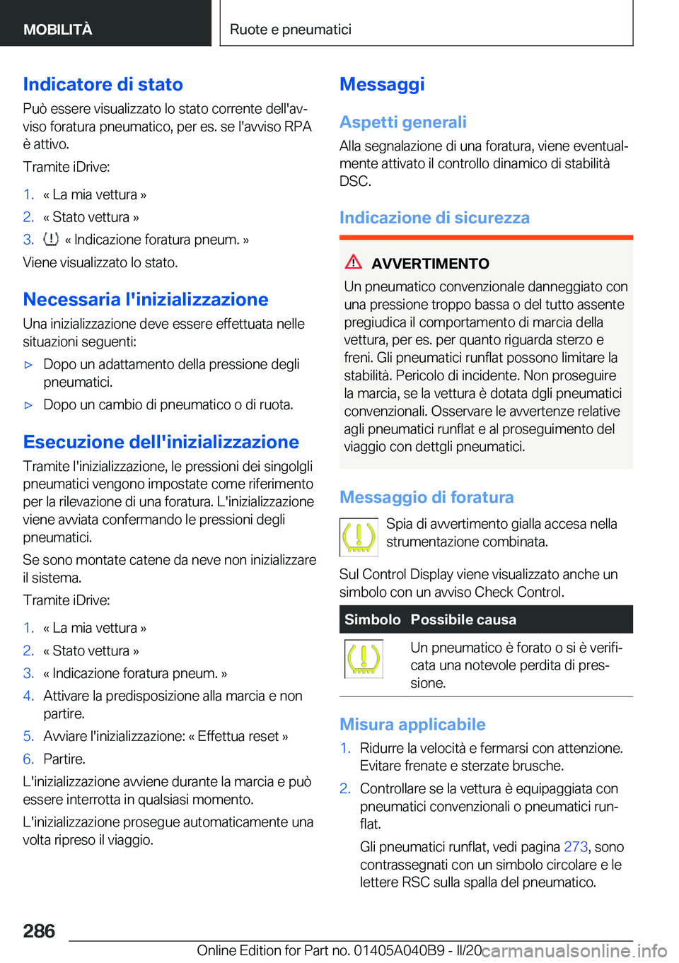BMW Z4 2020  Libretti Di Uso E manutenzione (in Italian) �I�n�d�i�c�a�t�o�r�e��d�i��s�t�a�t�o�P�u�