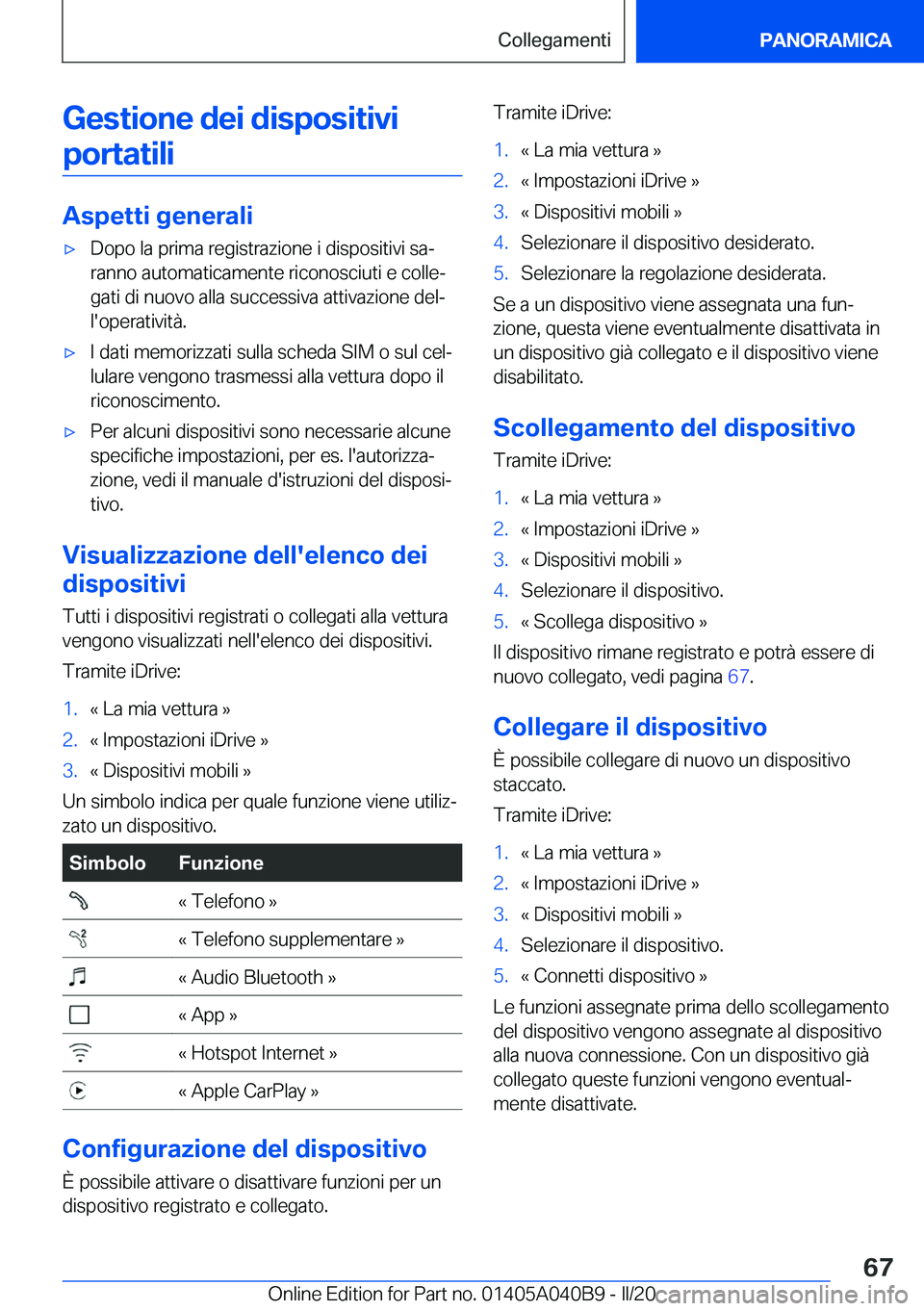 BMW Z4 2020  Libretti Di Uso E manutenzione (in Italian) �G�e�s�t�i�o�n�e��d�e�i��d�i�s�p�o�s�i�t�i�v�i�p�o�r�t�a�t�i�l�i
�A�s�p�e�t�t�i��g�e�n�e�r�a�l�i
'x�D�o�p�o��l�a��p�r�i�m�a��r�e�g�i�s�t�r�a�z�i�o�n�e��i��d�i�s�p�o�s�i�t�i�v�i��s�aª
�r